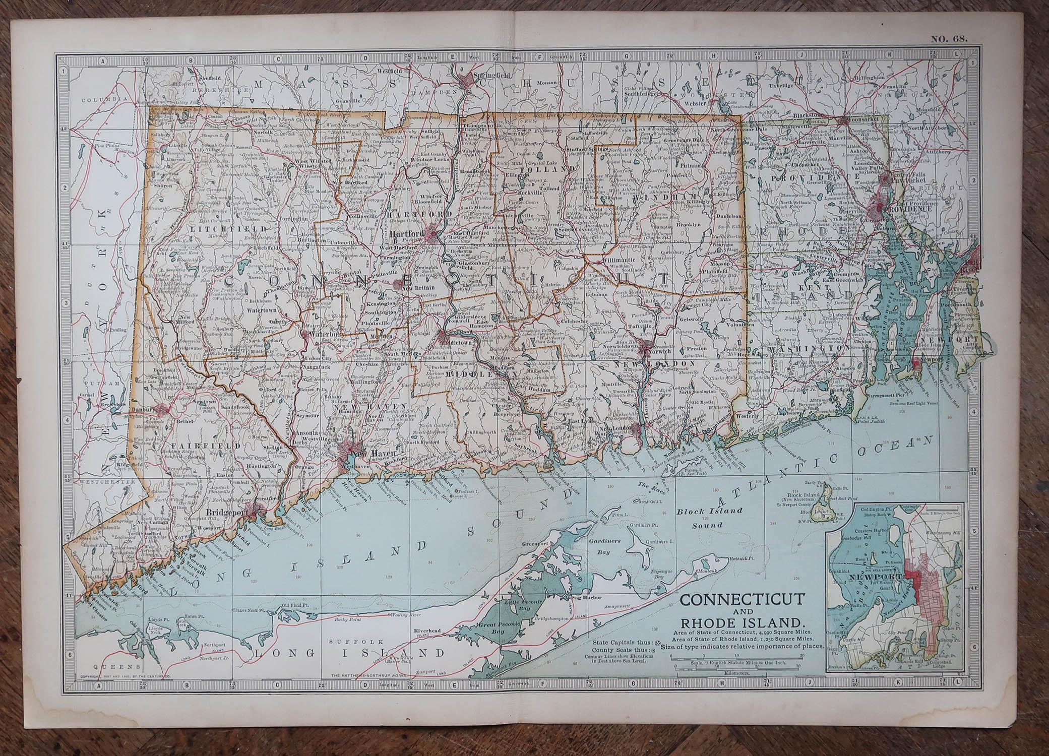 Original Antike Karte des amerikanischen Staates Connecticut und Rhode Island, 1903 (Sonstiges) im Angebot