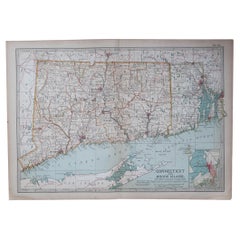 Mappa antica originale dello Stato americano del Connecticut e del Rhode Island, 1903