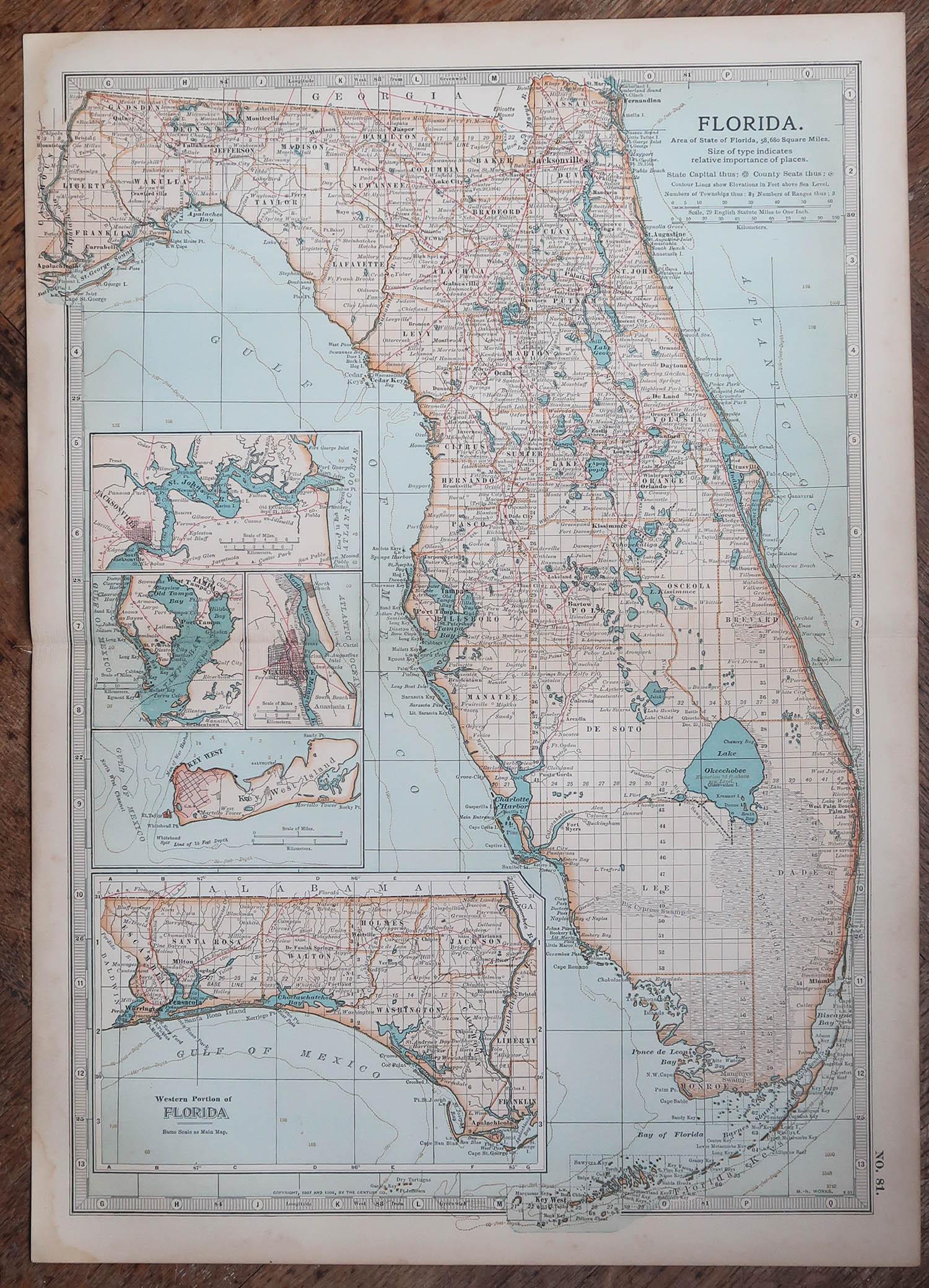 Mapa Antiguo Original del Estado Americano de Florida, 1903 Inglés