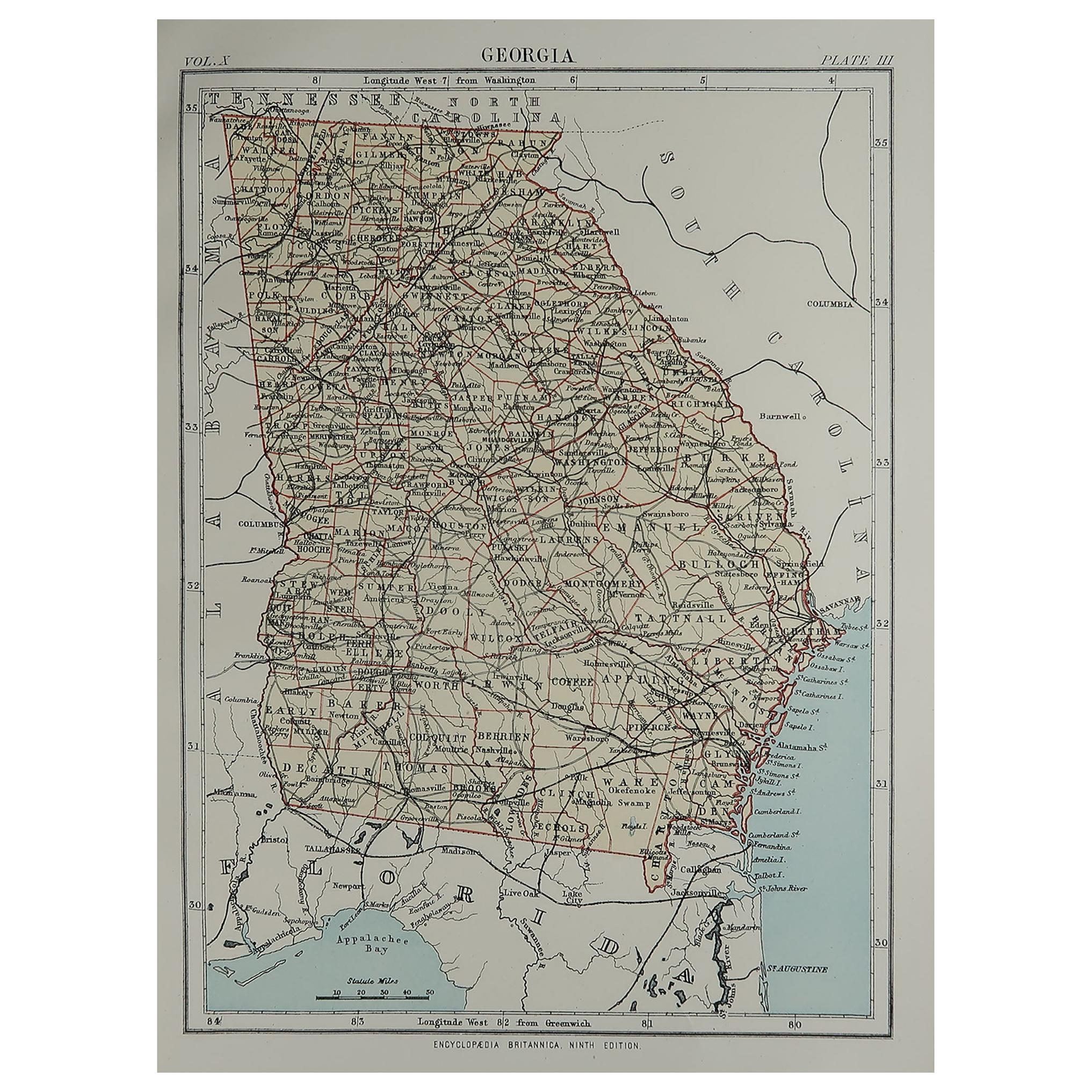 Original Antique Map of The American State of Georgia, 1889