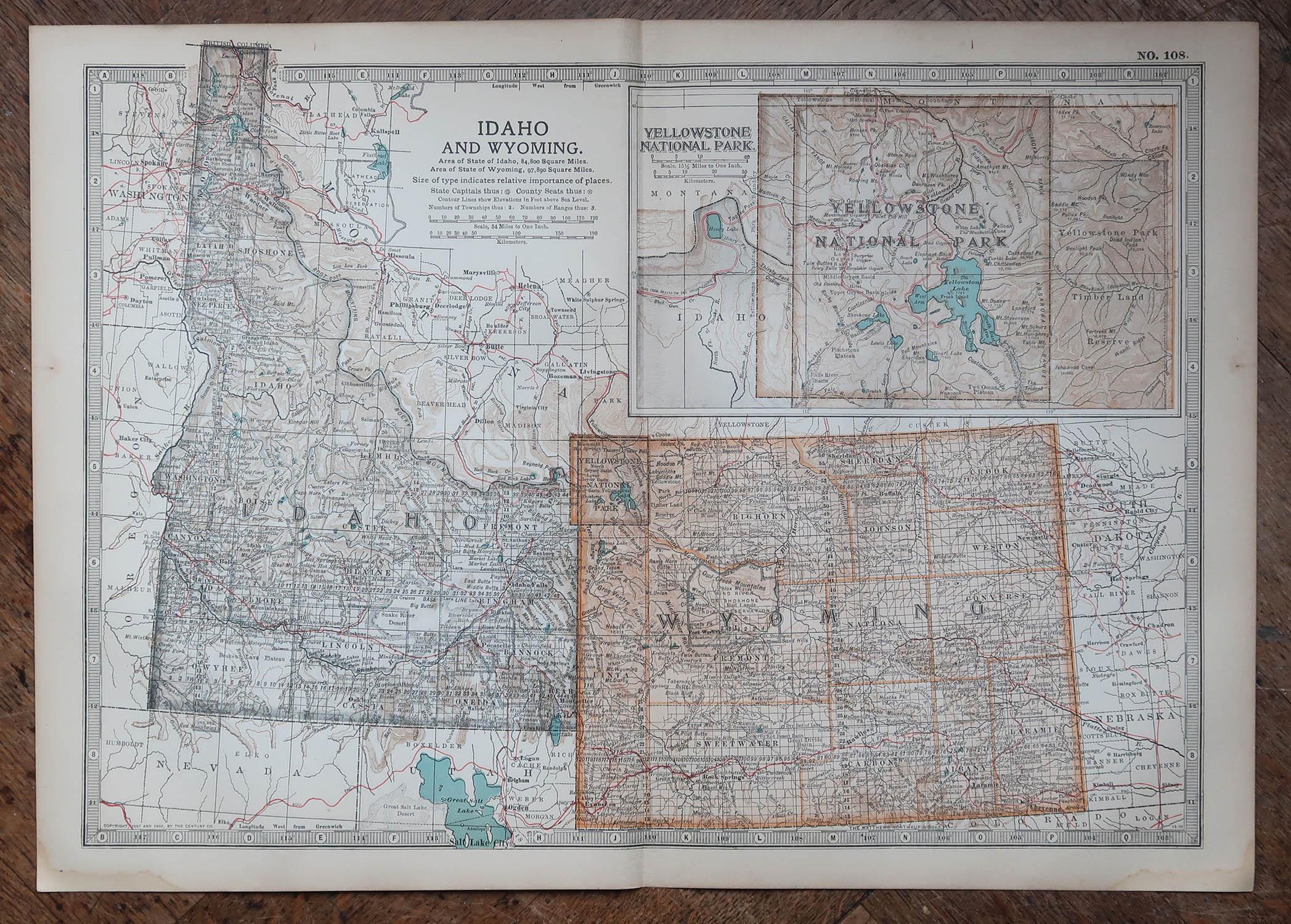 Anglais Carte ancienne de l'État américain de l'Idaho et du Wyoming, 1903 en vente