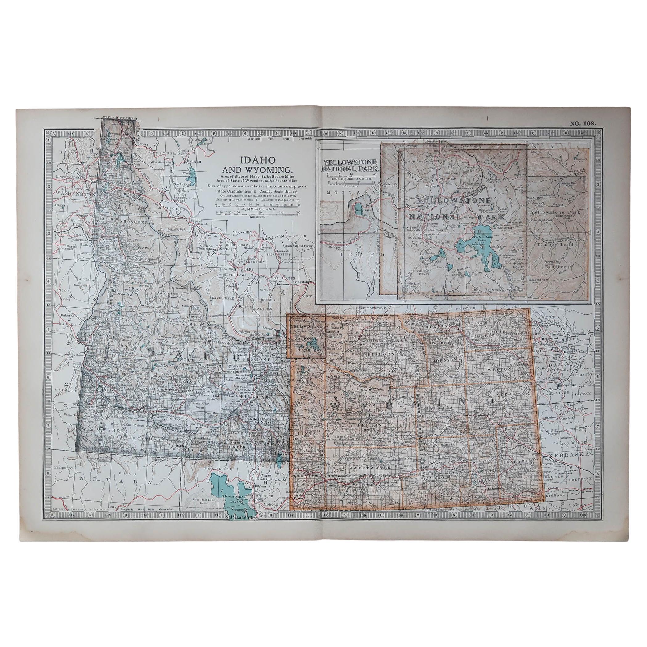 Original Antique Map of the American State of Idaho & Wyoming, 1903