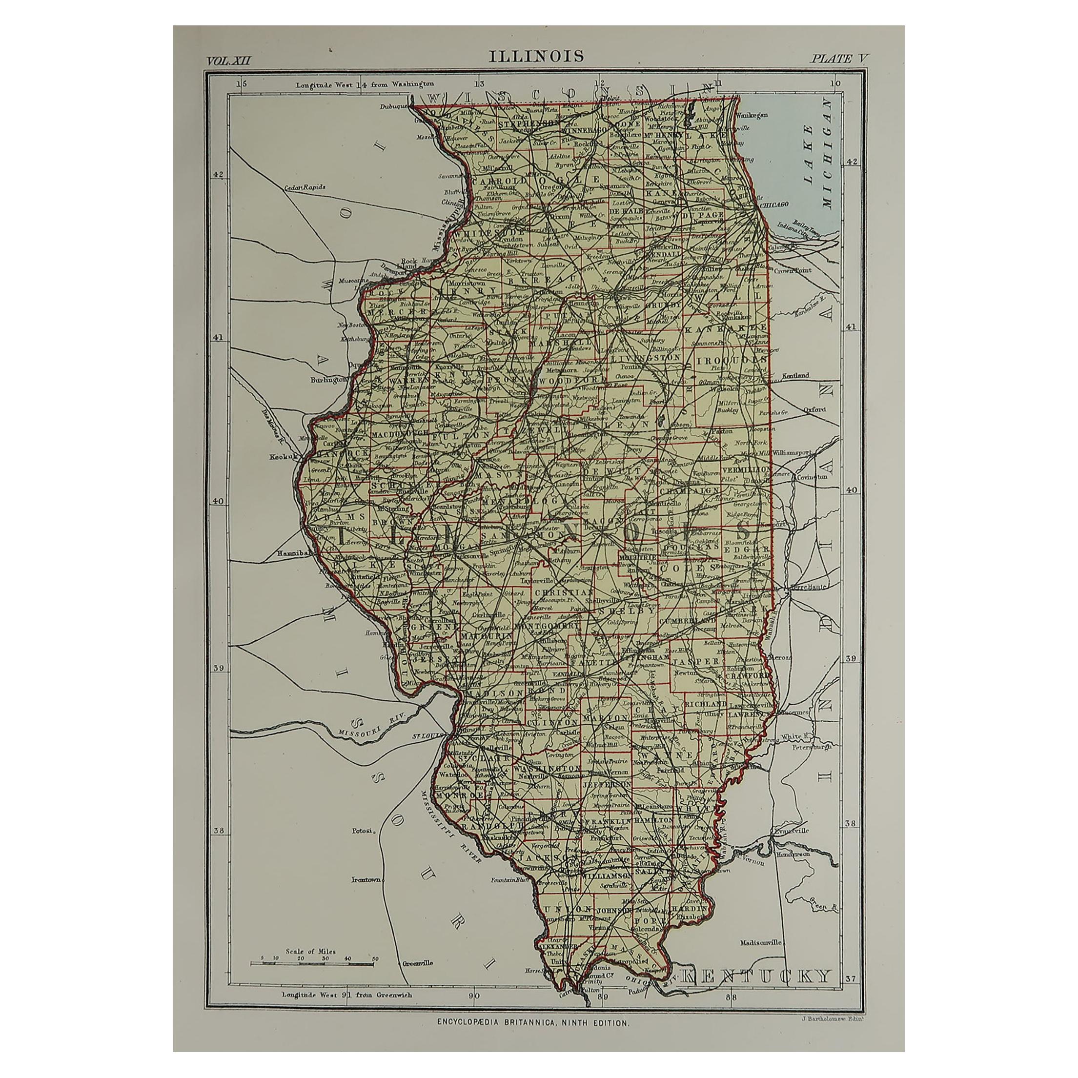 Original Antique Map of The American State of Illinois, 1889