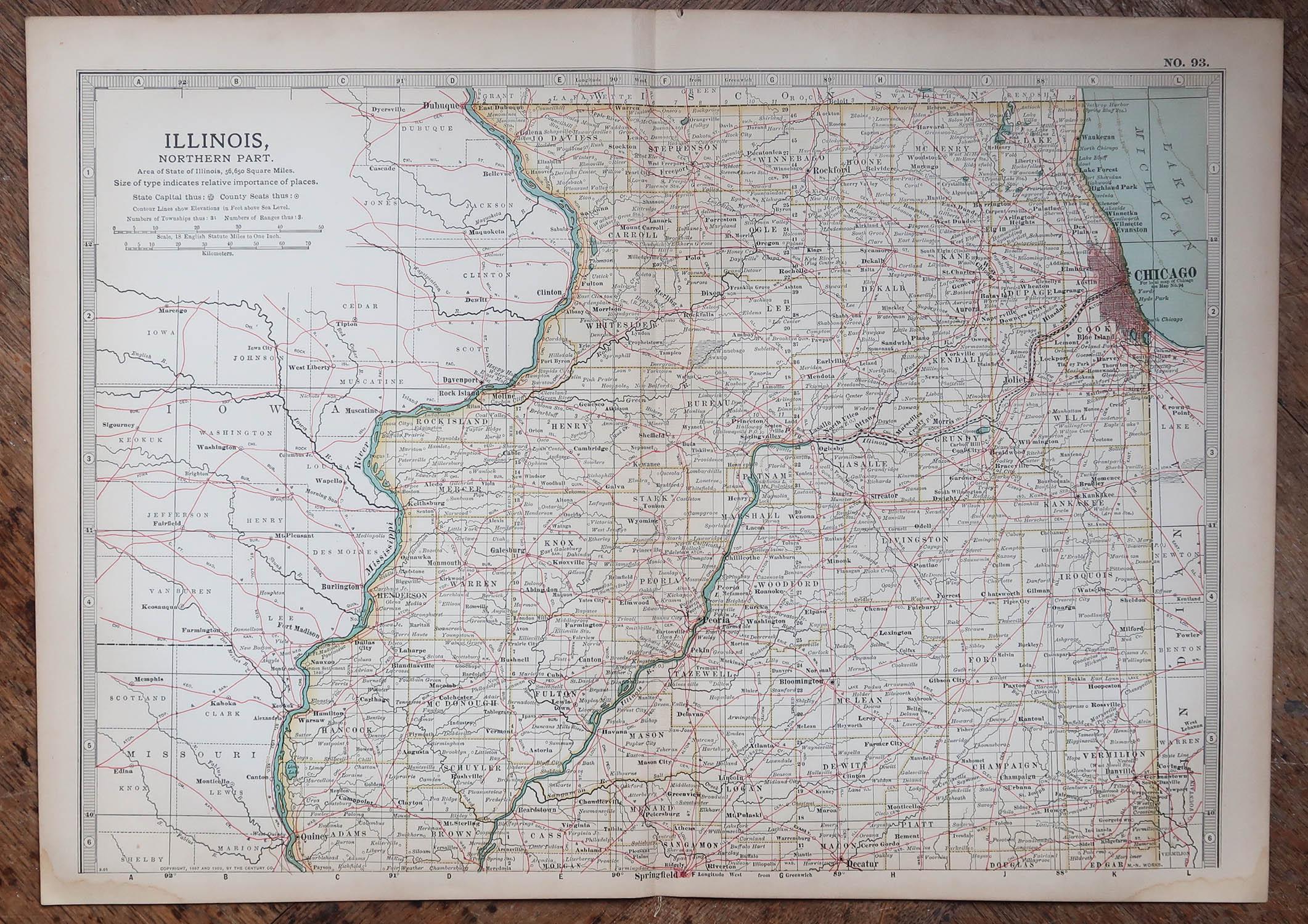Autre Carte ancienne de l'État américain de l'Illinois (partie nord), 1903 en vente