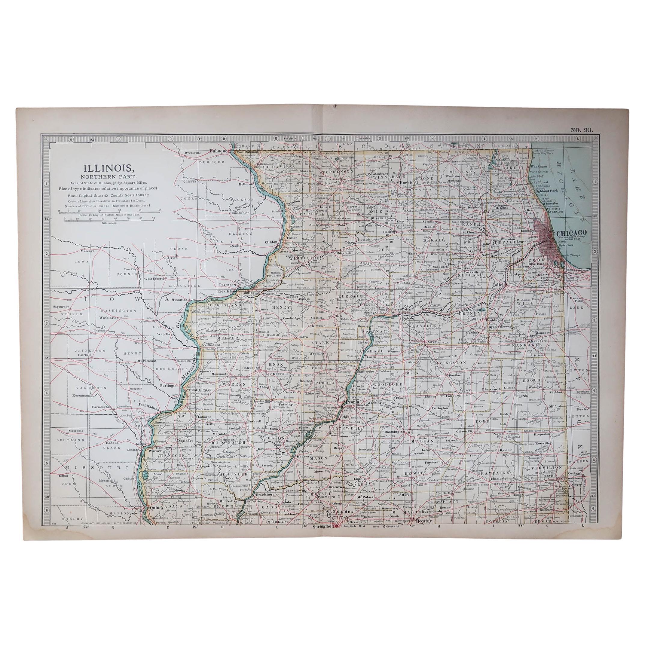 Original Antique Map of the American State of Illinois ( Northern Part ), 1903