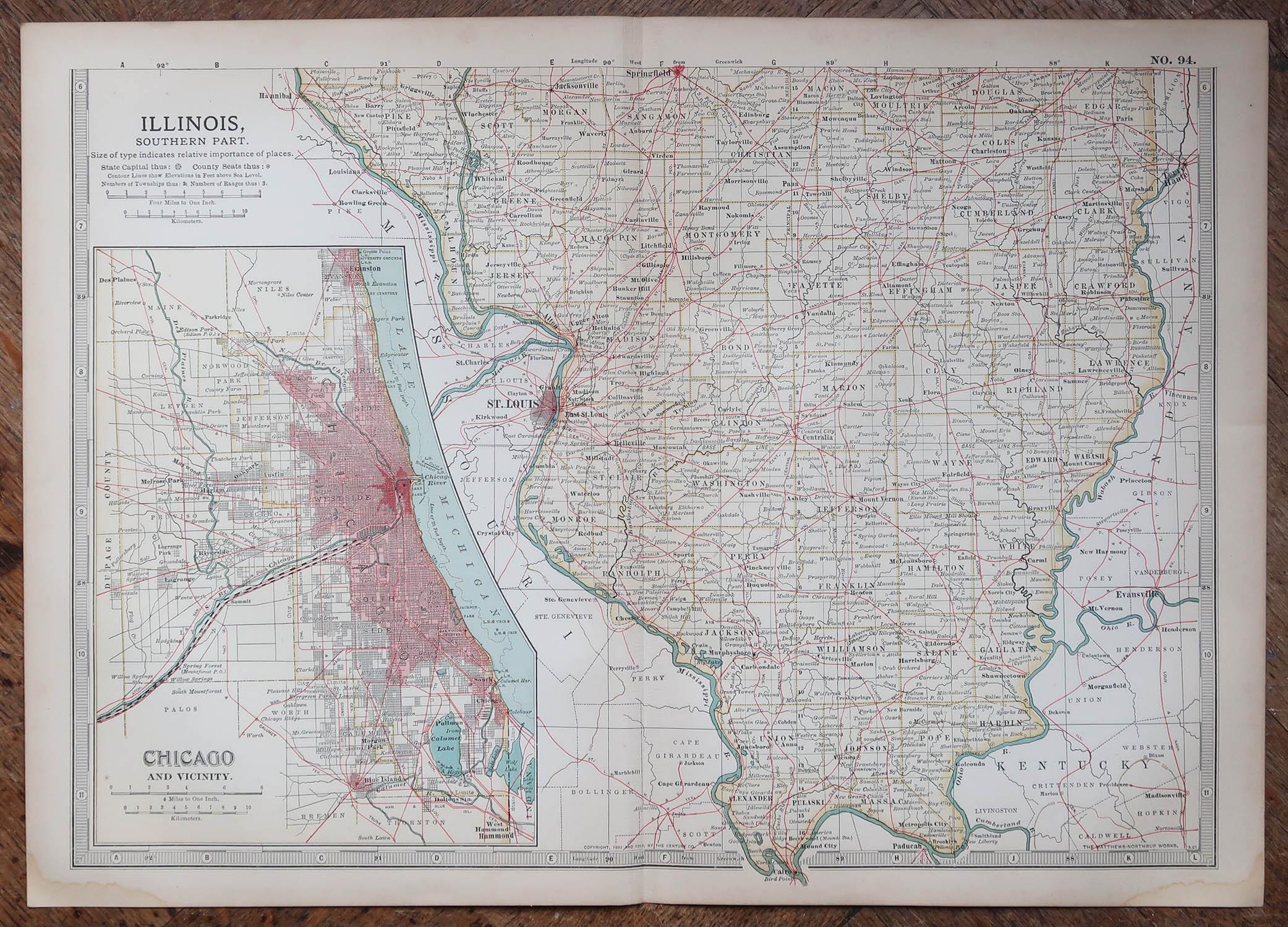 Antique map of Illinois ( Southern part )

Published By A & C Black. 1903

Original colour

Good condition

Unframed.

Free shipping








