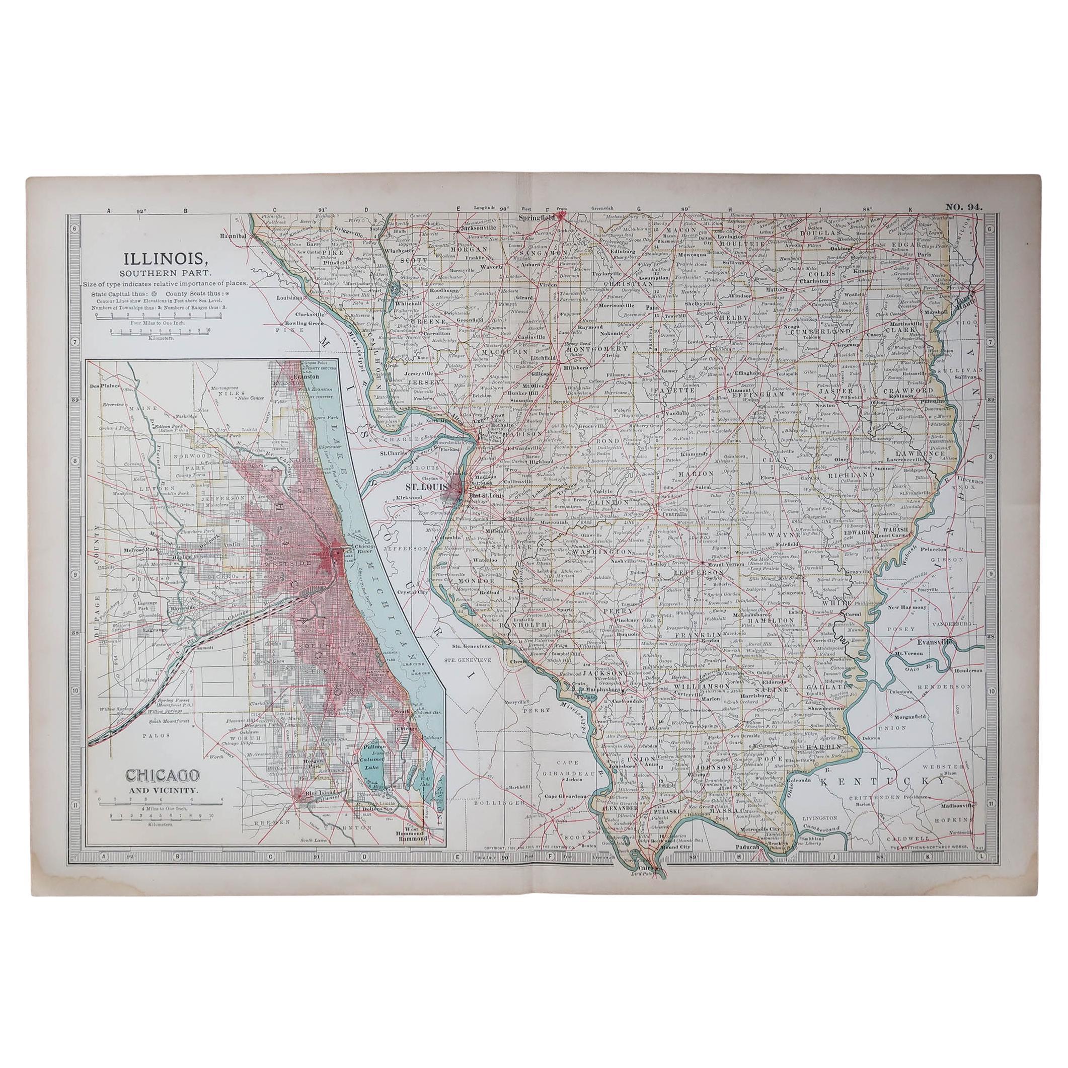 Original Antique Map of the American State of Illinois ( Southern Part ), 1903