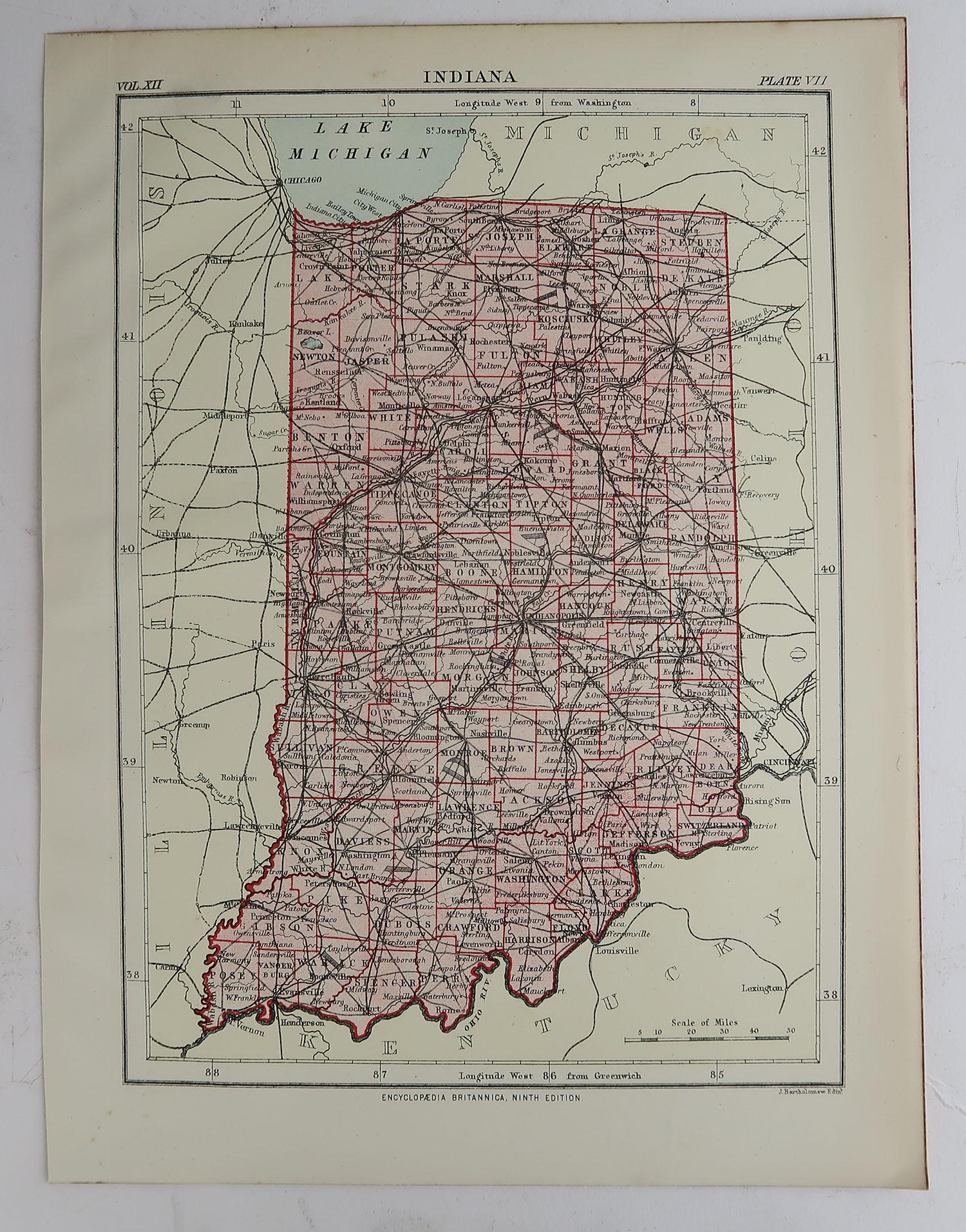 Victorian Original Antique Map of The American State of Indiana, 1889