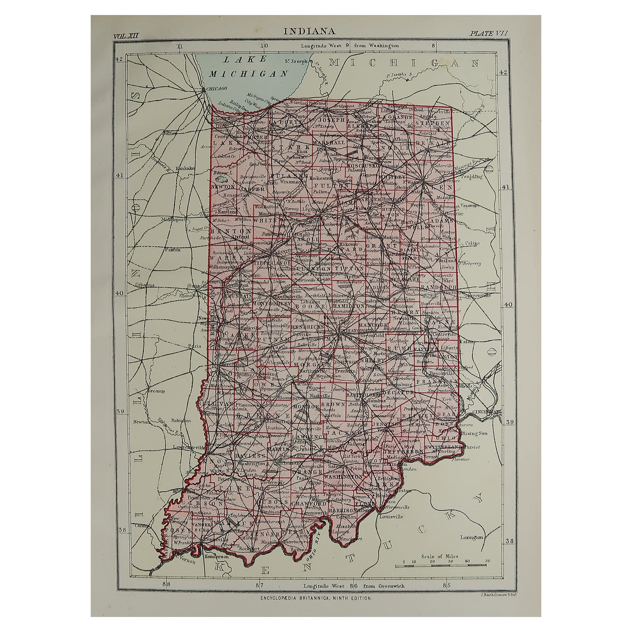 Original Antique Map of The American State of Indiana, 1889