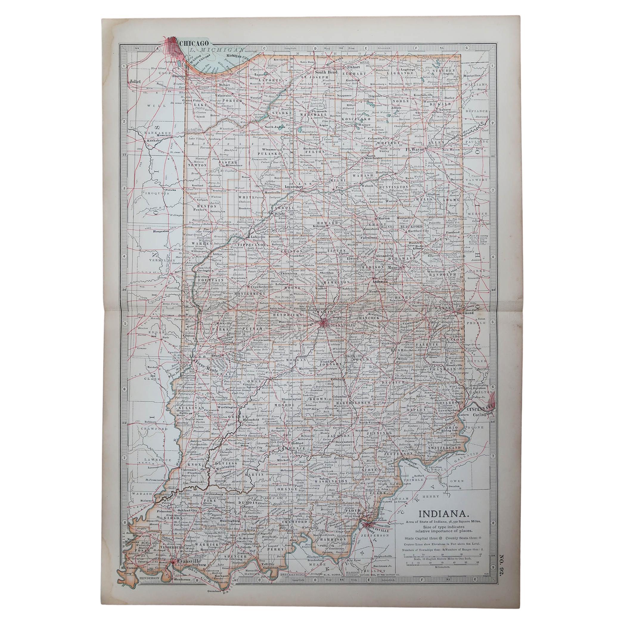 Original Antike Karte des amerikanischen Staates Indiana, 1903 im Angebot