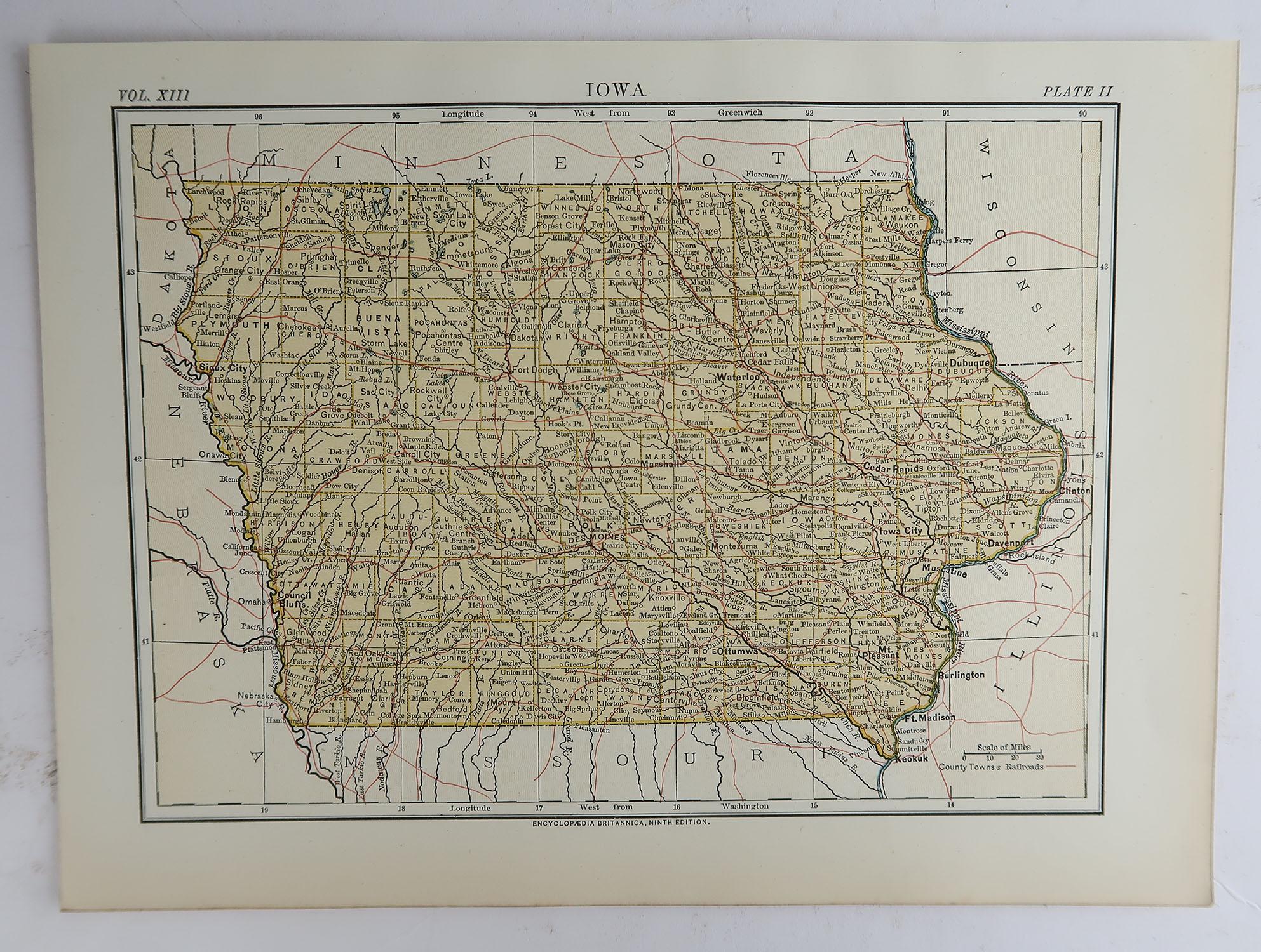 Victorian Original Antique Map of The American State of Iowa, 1889