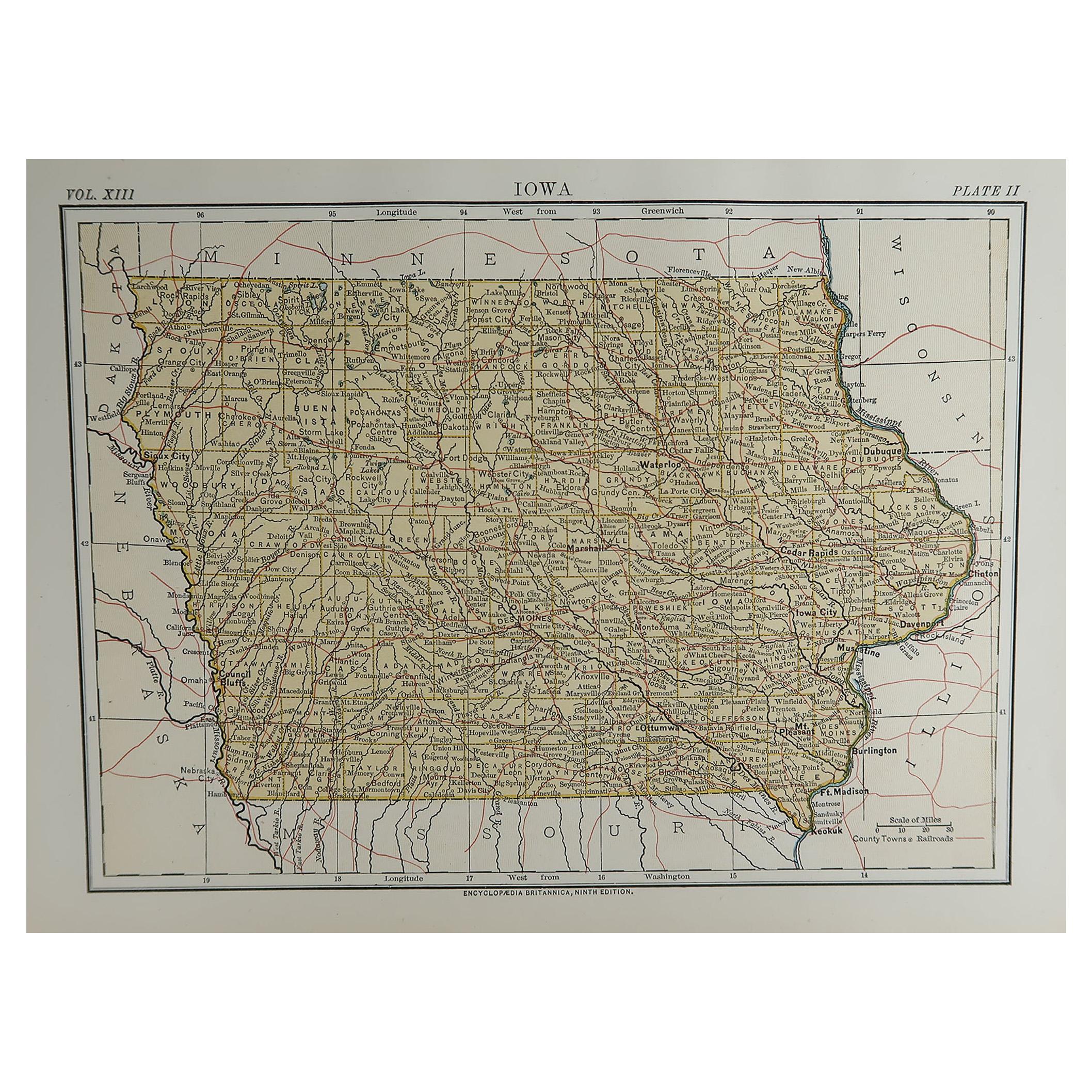 Original Antique Map of The American State of Iowa, 1889