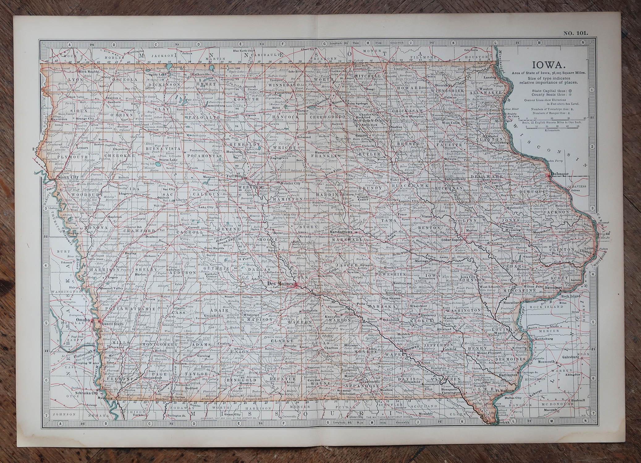 Original Antike Karte des amerikanischen Staates Iowa, 1903 (Englisch) im Angebot