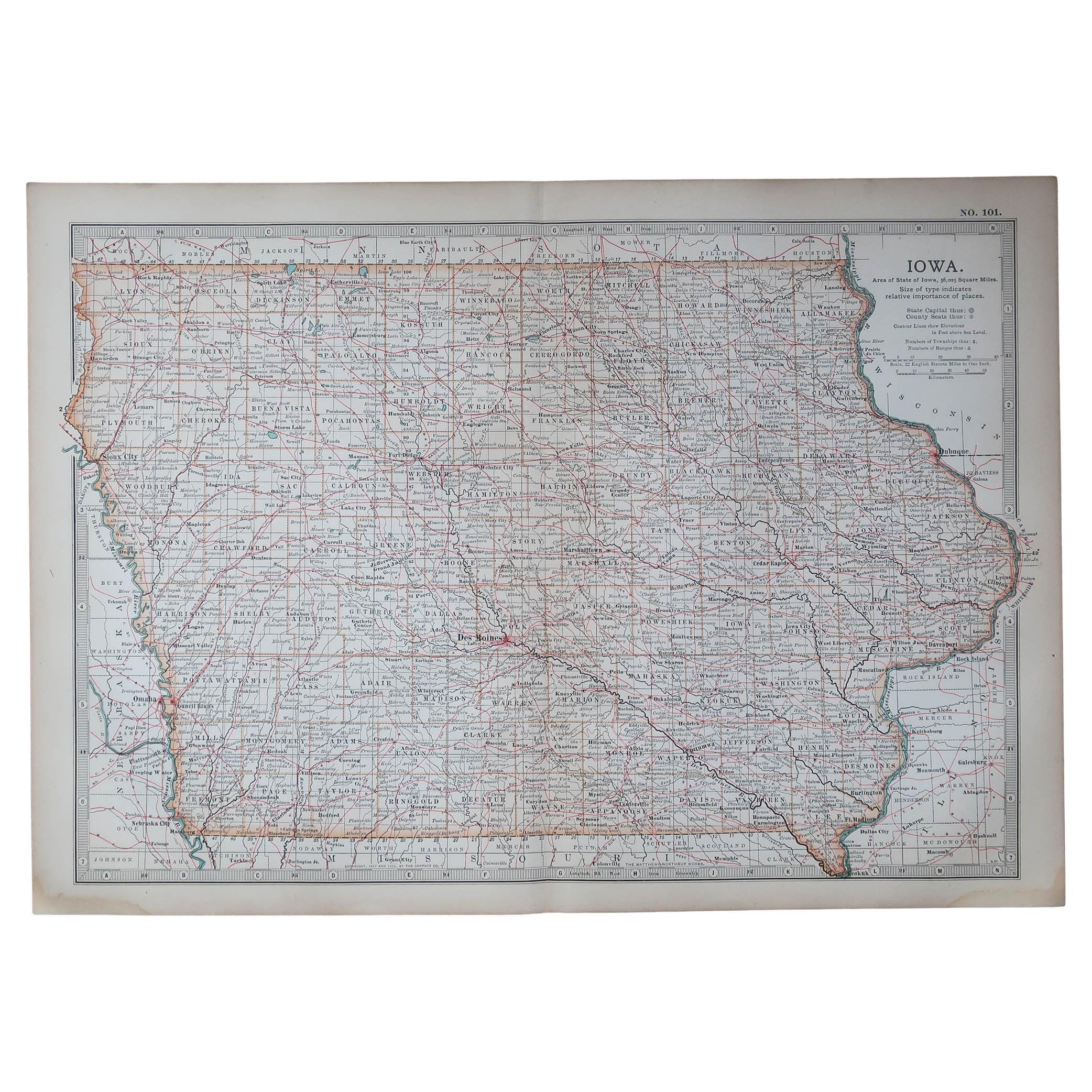Mapa Antiguo Original del Estado Americano de Iowa, 1903