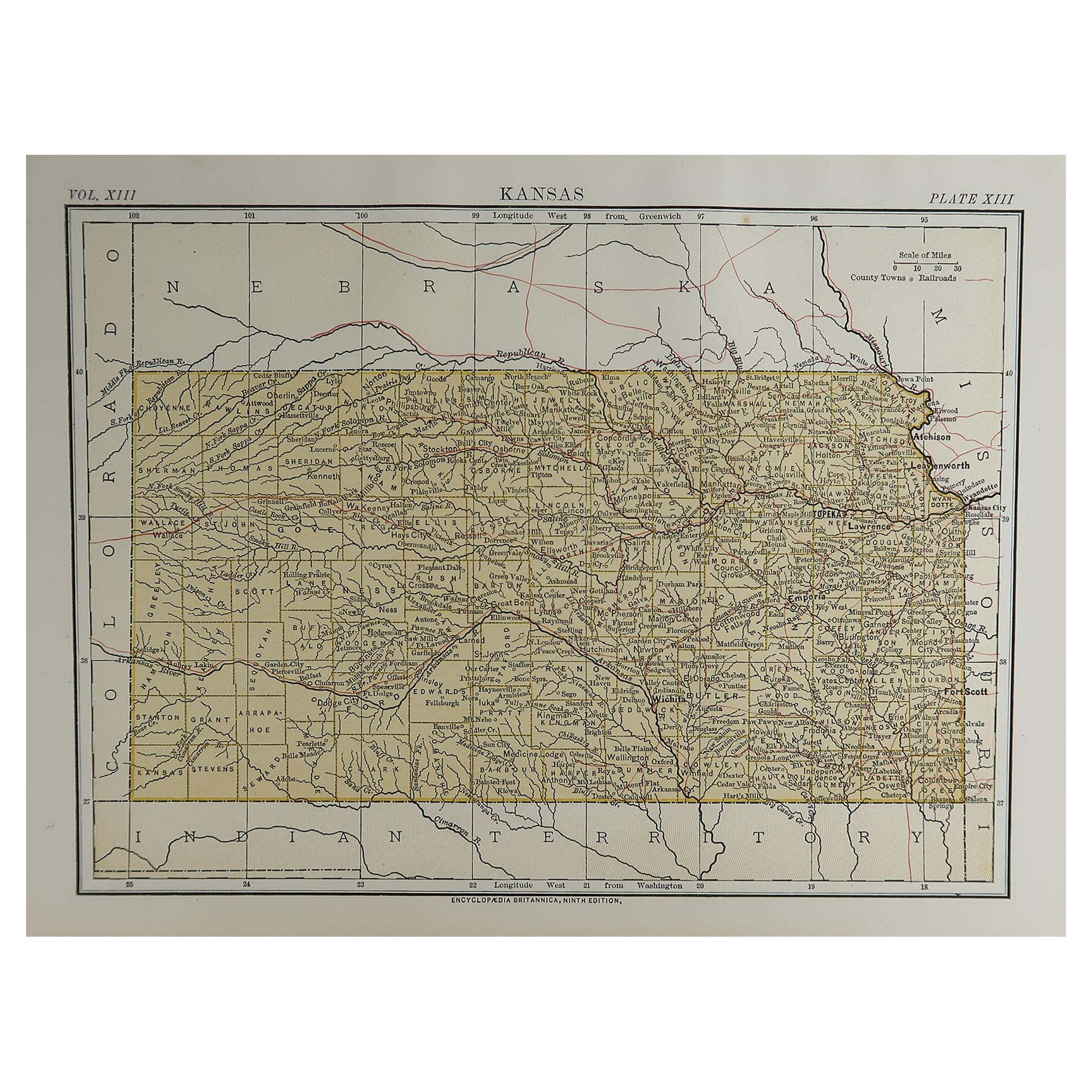Original Antique Map of The American State of Kansas, 1889
