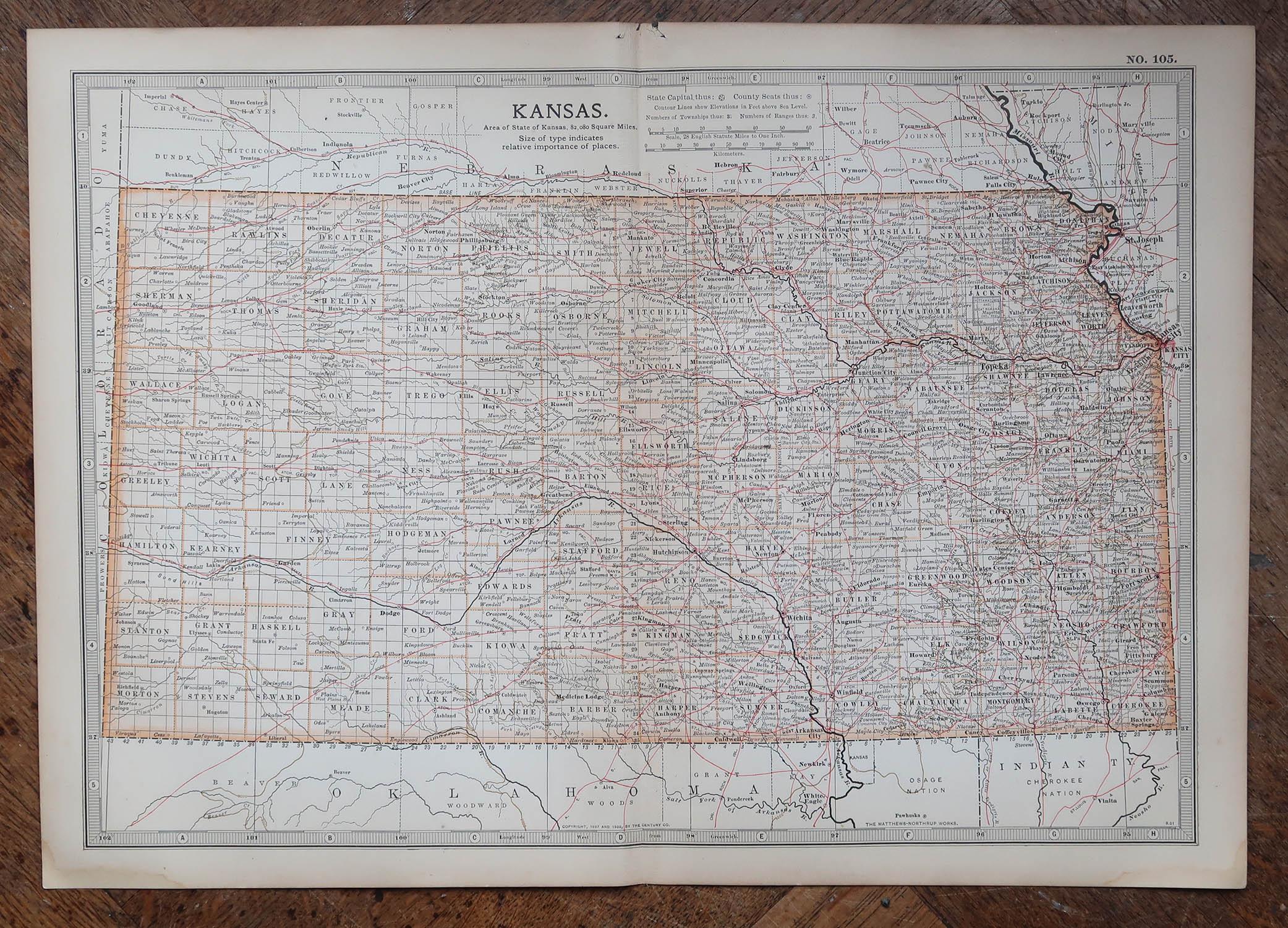 Mapa original antiguo del estado norteamericano de Kansas, 1903 Otro en venta