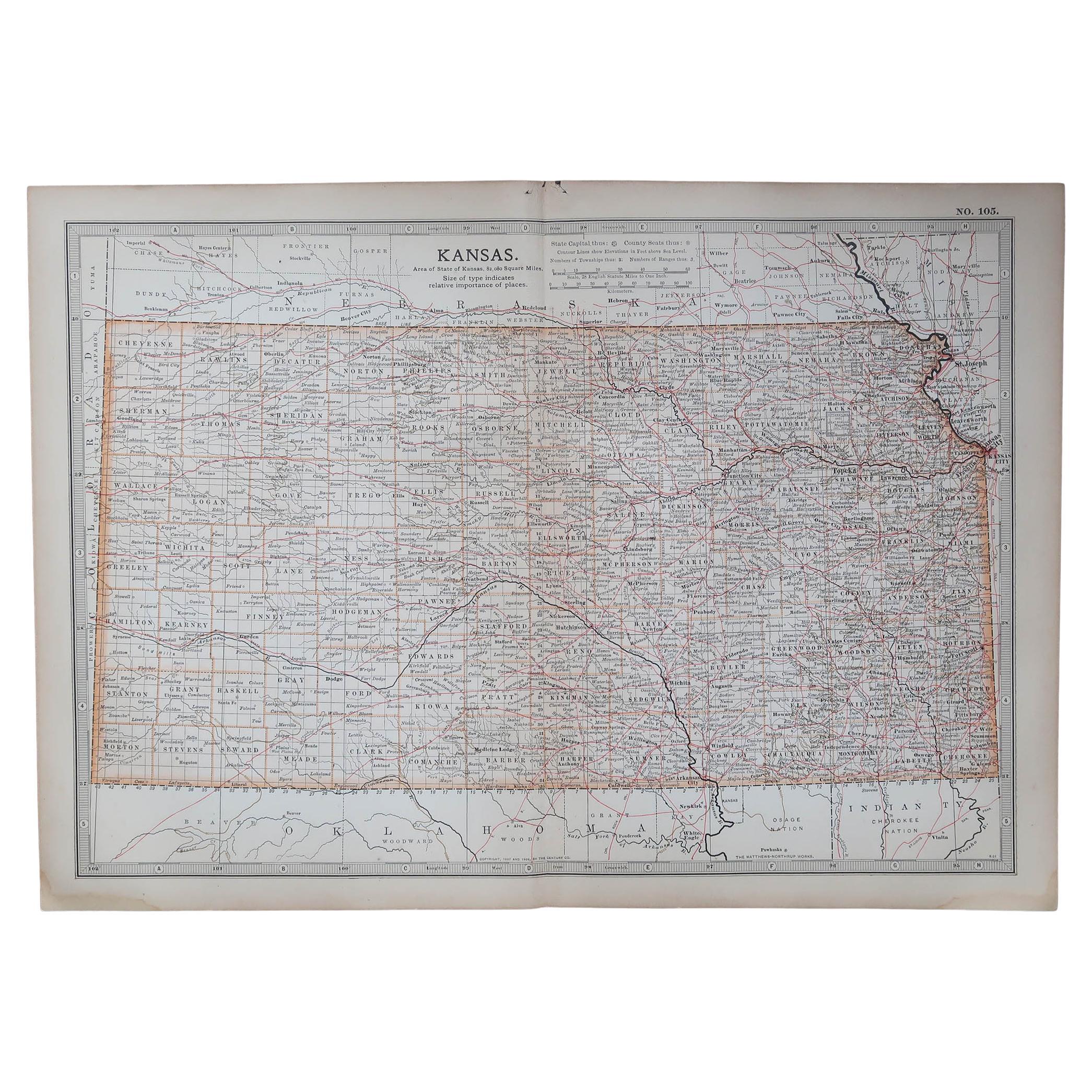 Mapa original antiguo del estado norteamericano de Kansas, 1903