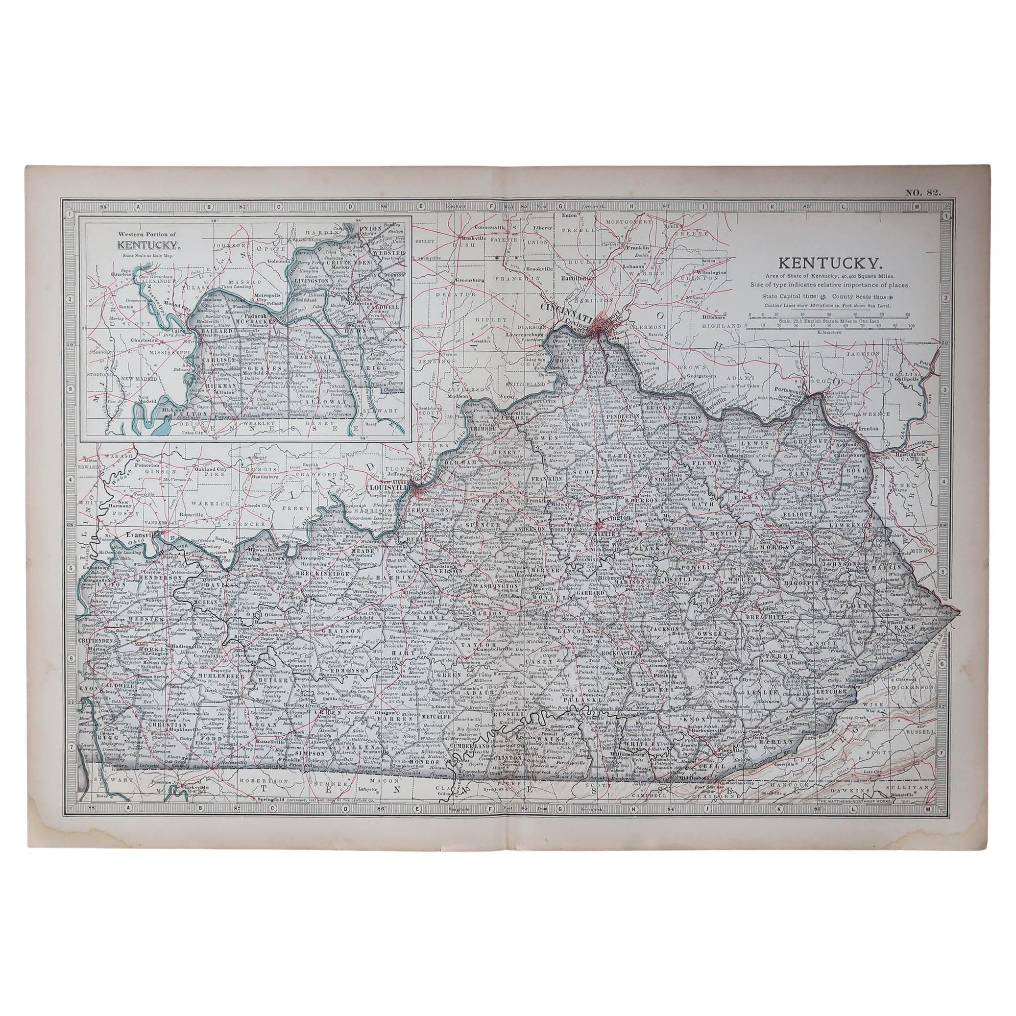 Mapa original antiguo del estado norteamericano de Kentucky, 1903