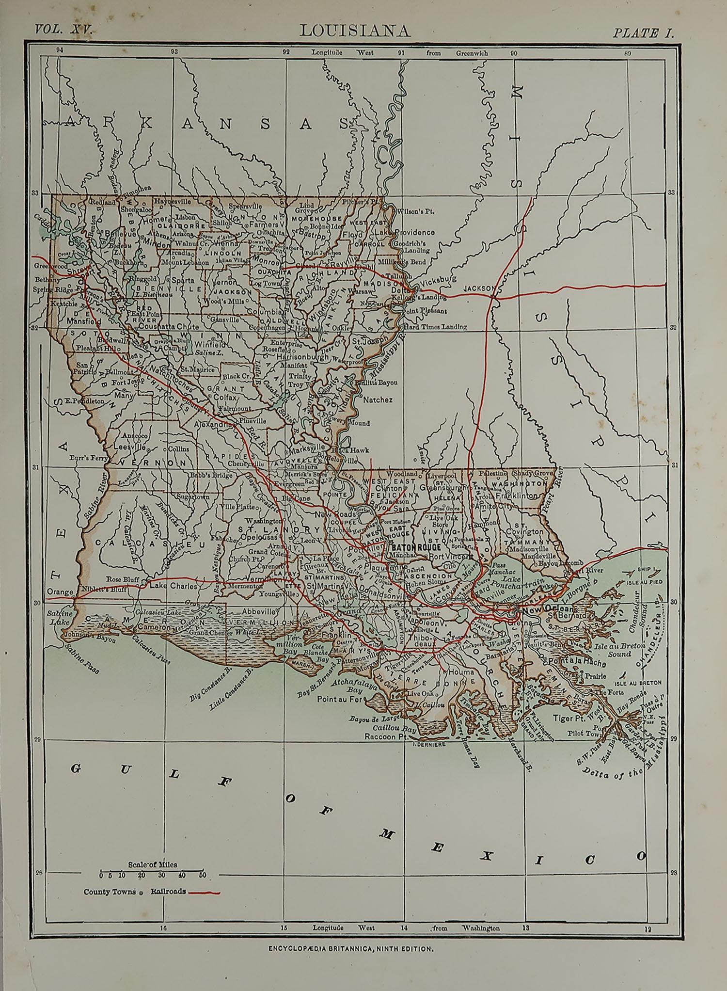 Great map of Louisiana

Drawn and Engraved by W. & A.K. Johnston

Published By A & C Black, Edinburgh.

Original colour

Some minor foxing and a repair to bottom left corner

Unframed.








