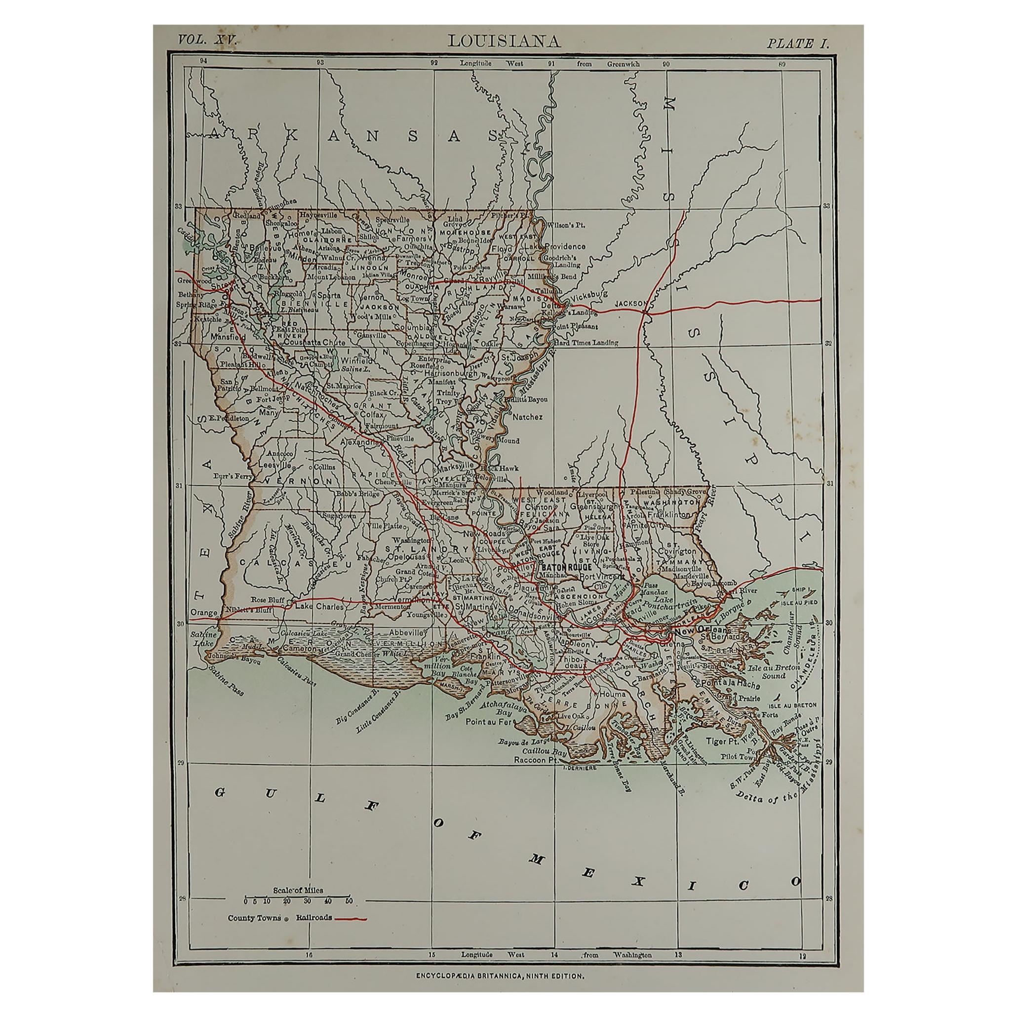 Original Antique Map of The American State of Louisiana, 1889