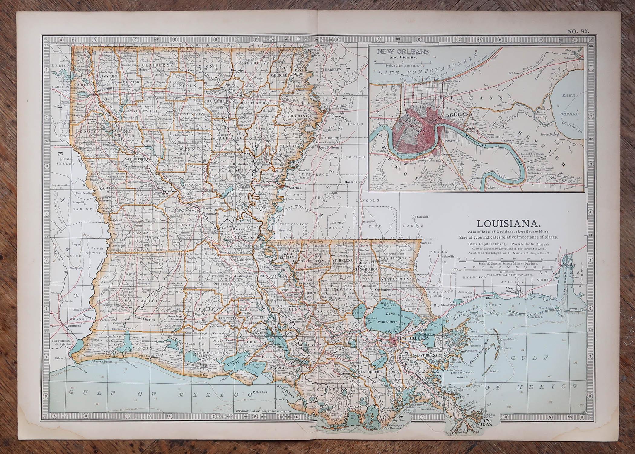 Anglais Carte ancienne de l'État américain de Louisiane, 1903 en vente