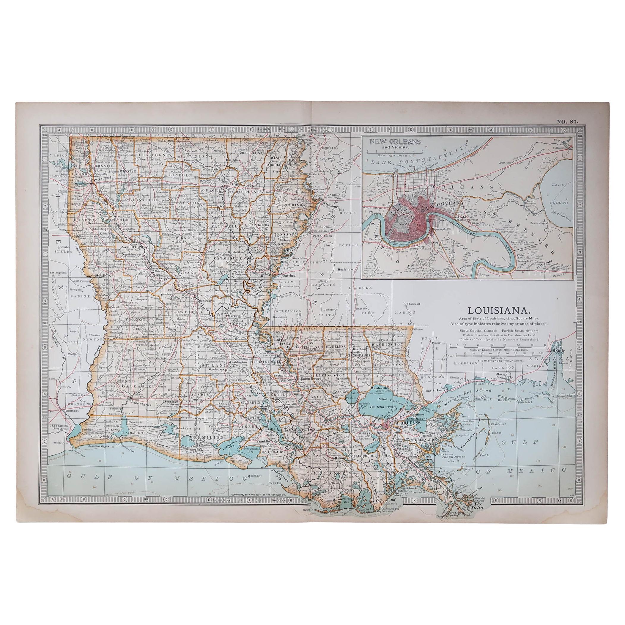Original Antique Map of the American State of Louisiana, 1903