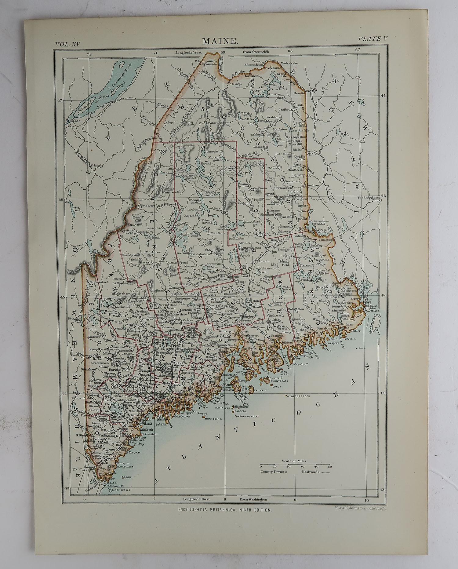 Victorian Original Antique Map of The American State of Maine, 1889