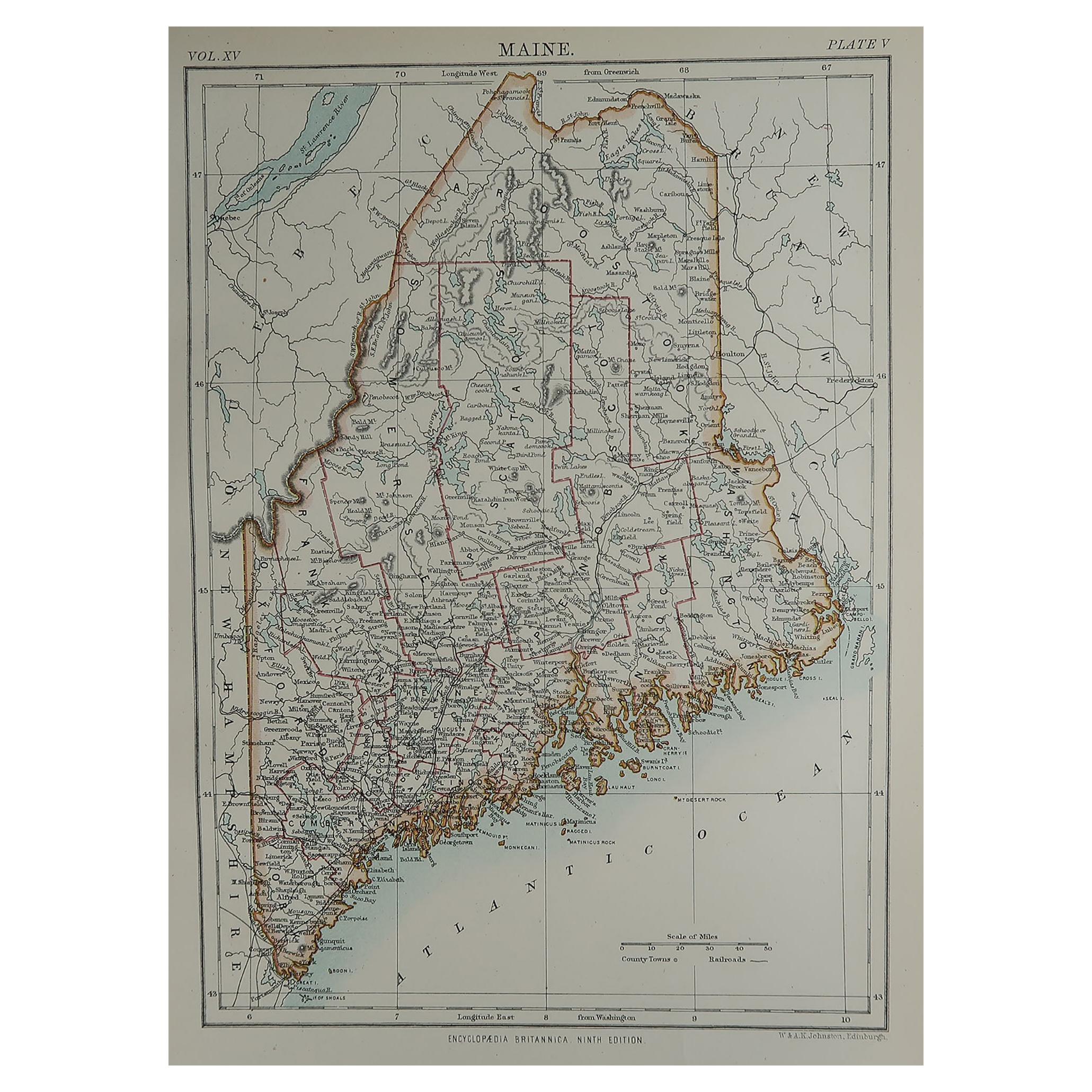 Original Antique Map of The American State of Maine, 1889