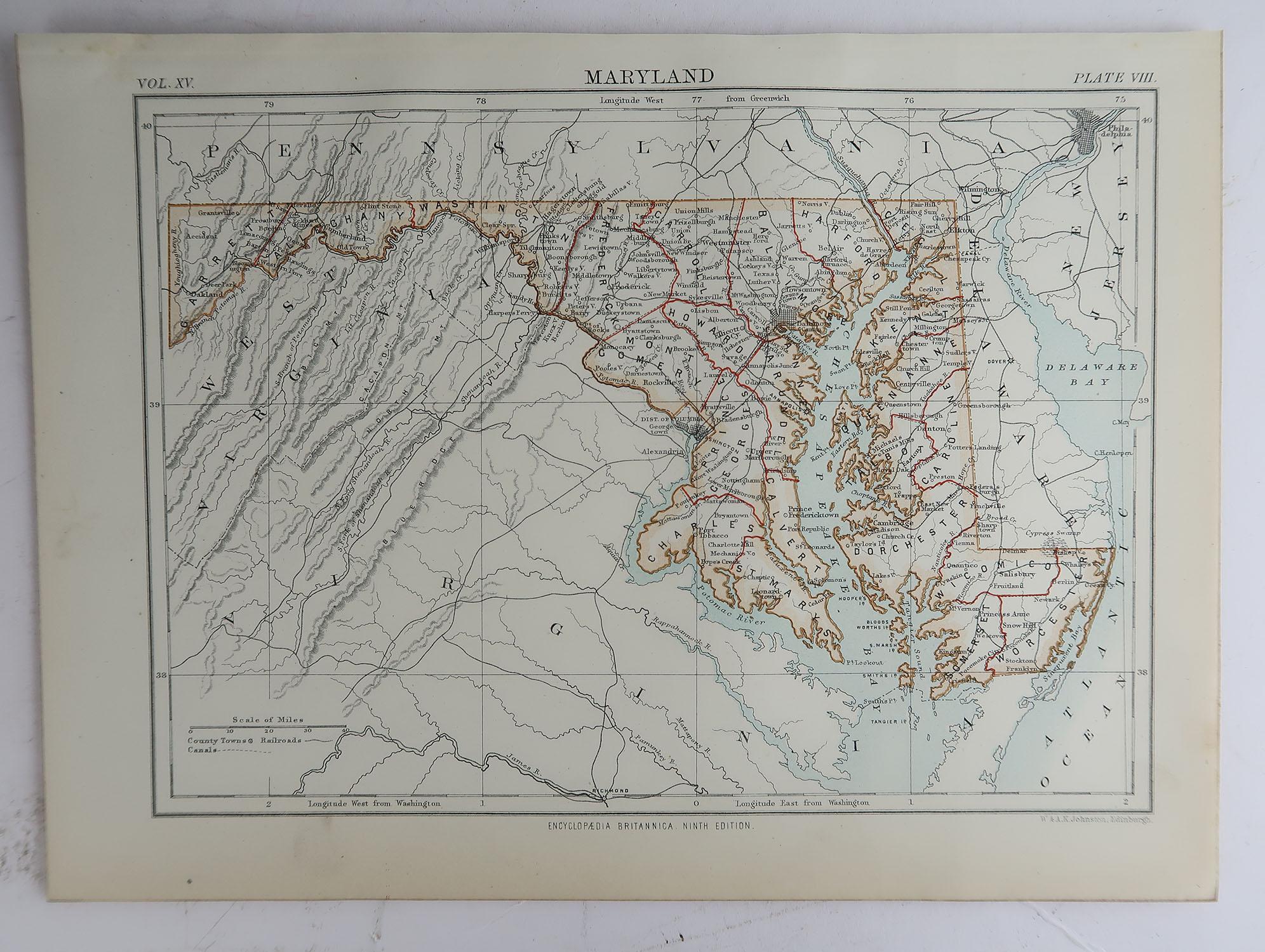 Victorian Original Antique Map of The American State of Maryland, 1889