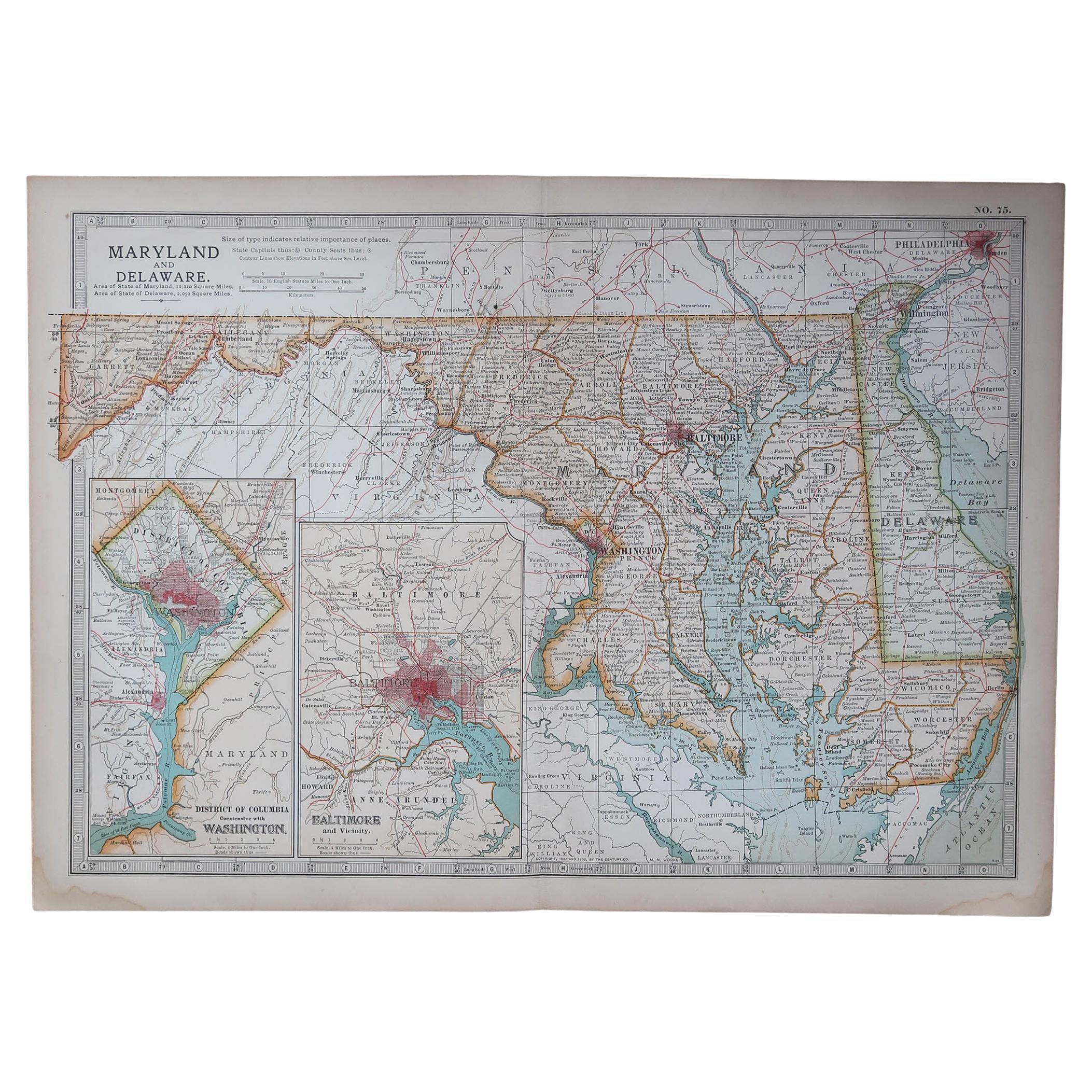 Original Antique Map of the American State of Maryland & Delaware, 1903