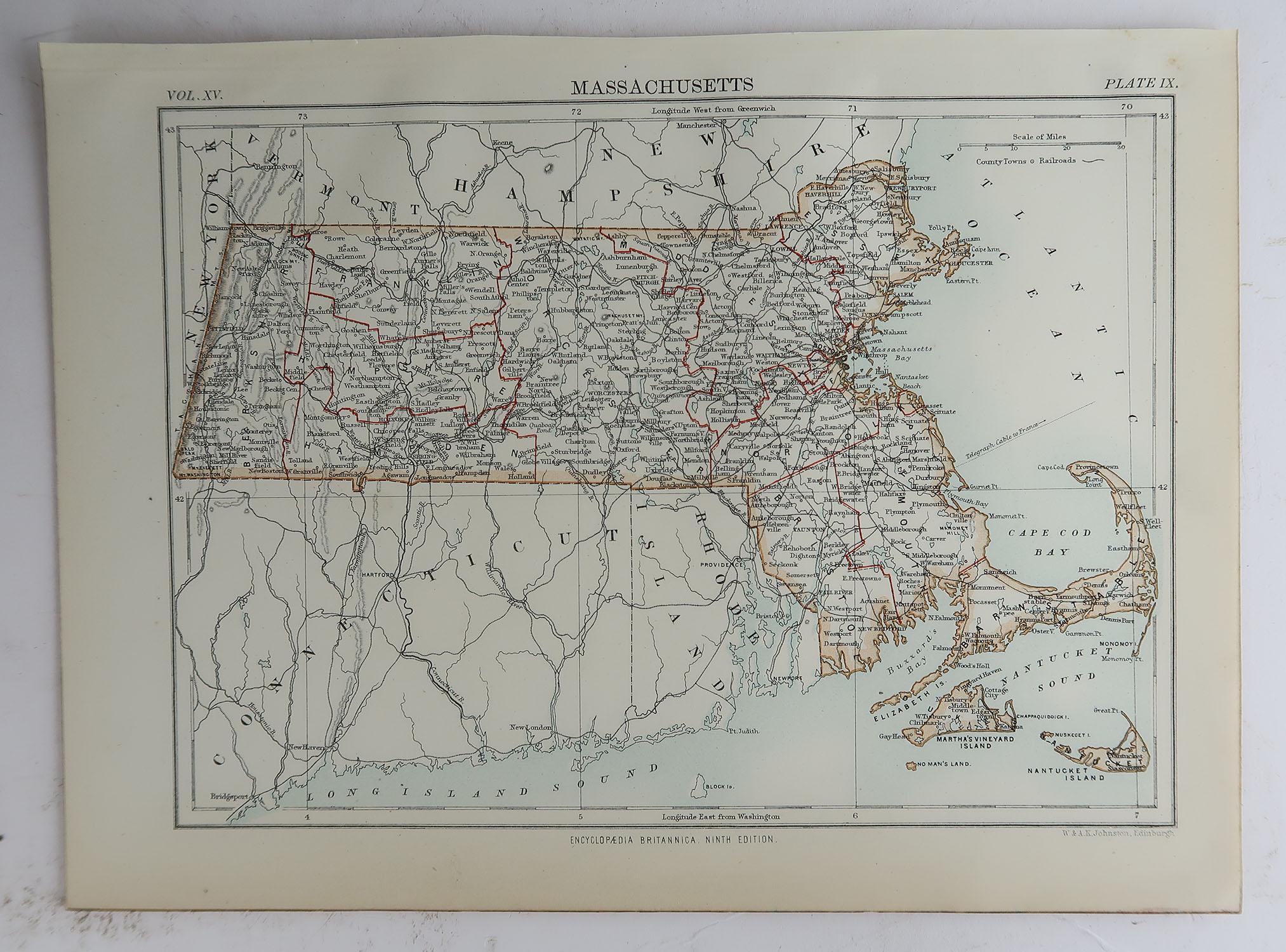 Victorian Original Antique Map of The American State of Massachusetts, 1889