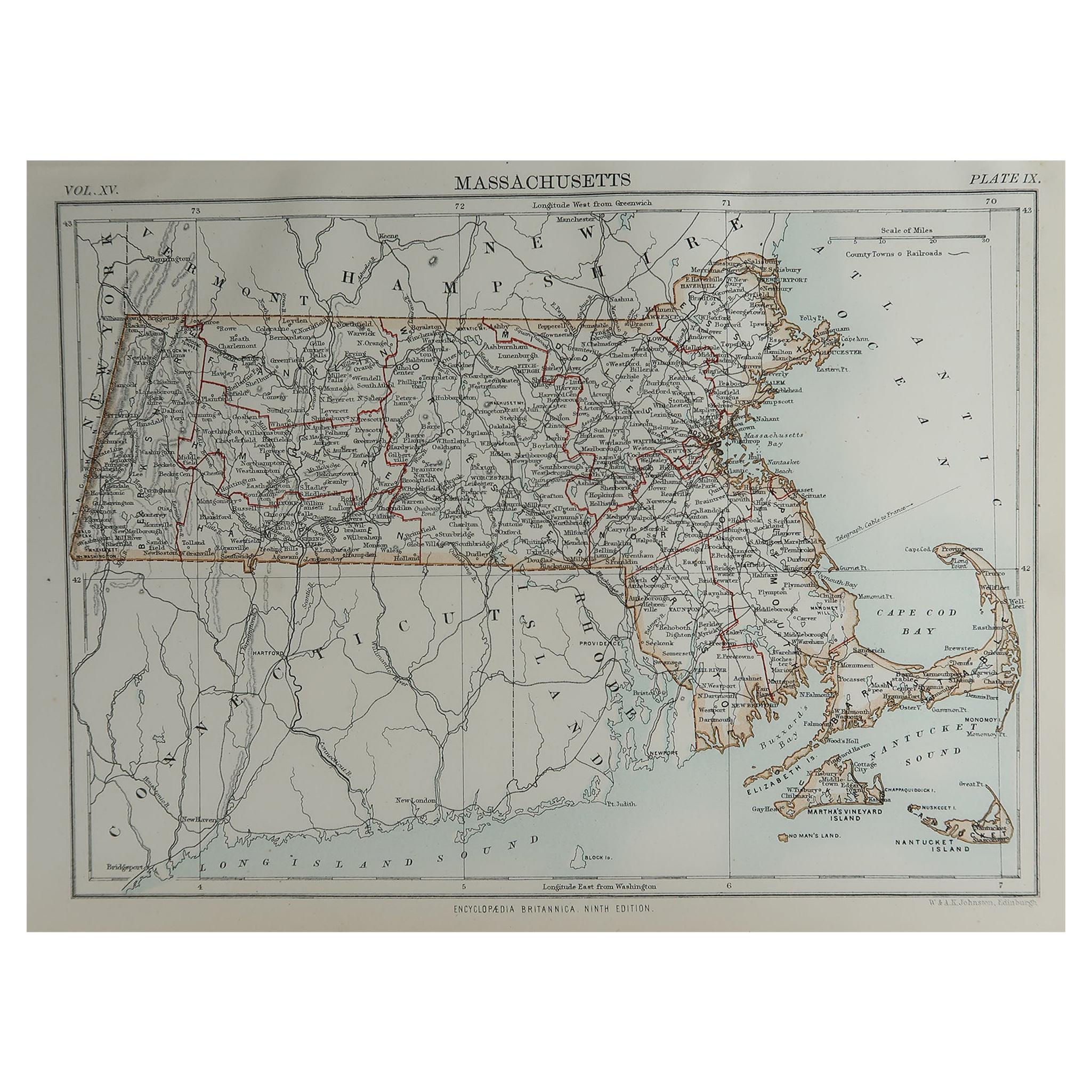 Original Antique Map of The American State of Massachusetts, 1889