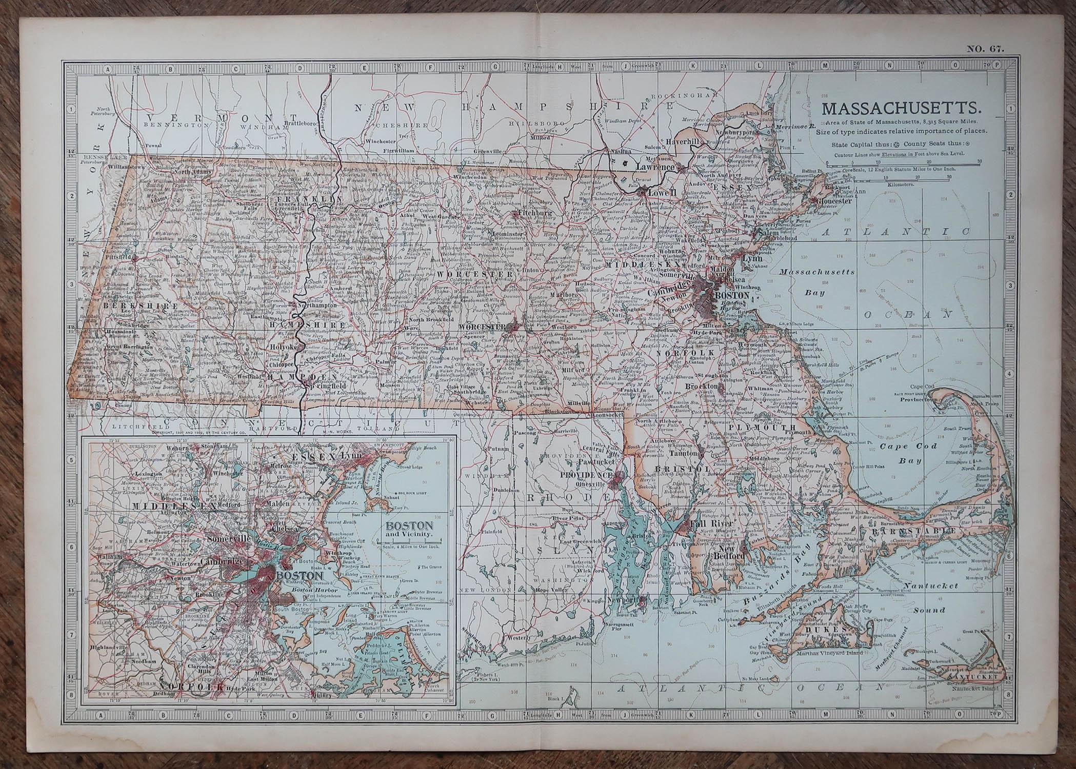 English Original Antique Map of the American State of Massachusetts, 1903 For Sale