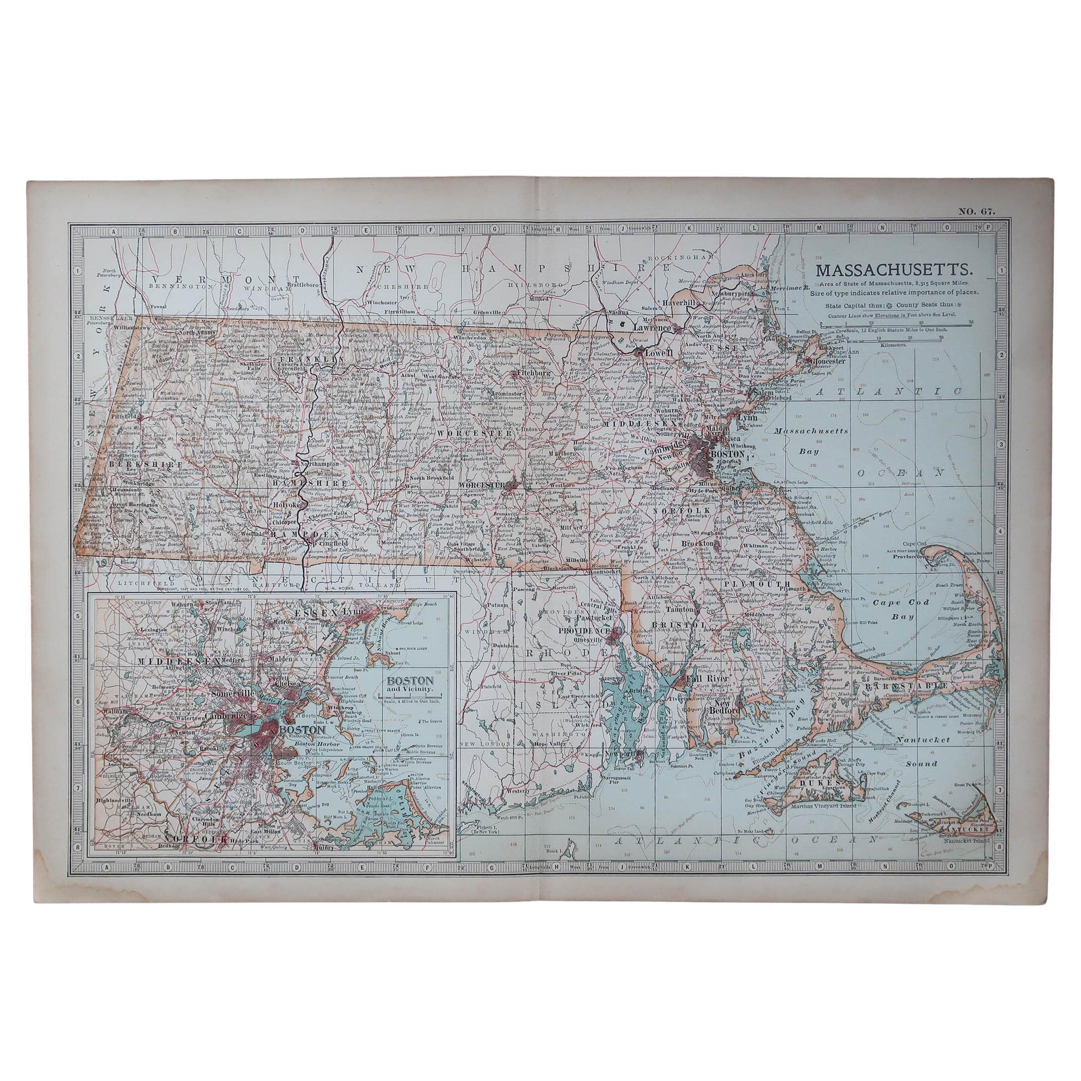 Original Antique Map of the American State of Massachusetts, 1903