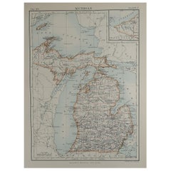 Original Antique Map of The American State of Michigan, 1889