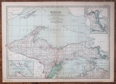 Original Antique Map of the American State of Michigan ( Northern Part ), 1903