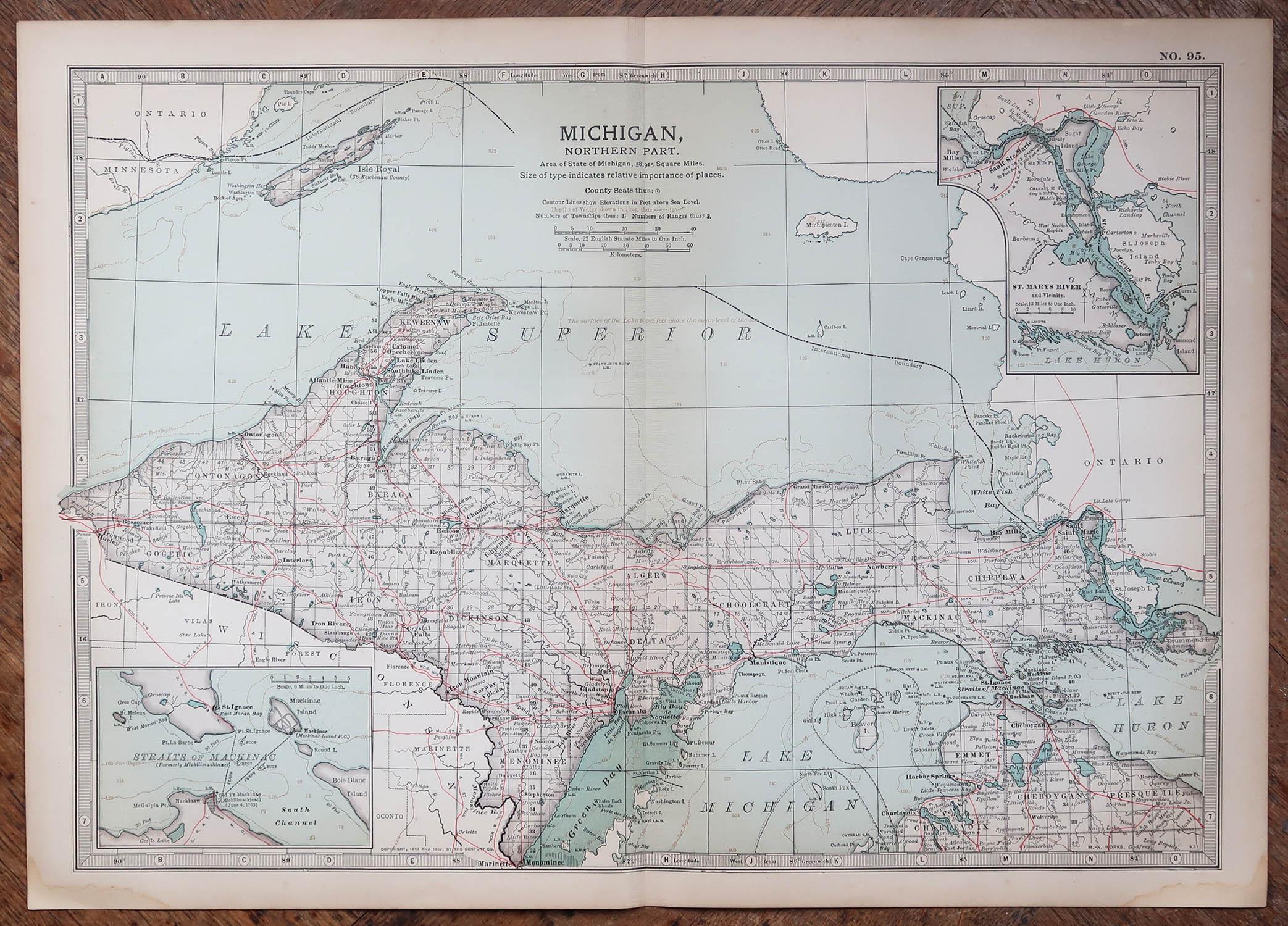 Autre Carte ancienne de l'État américain du Michigan (partie nord), 1903 en vente