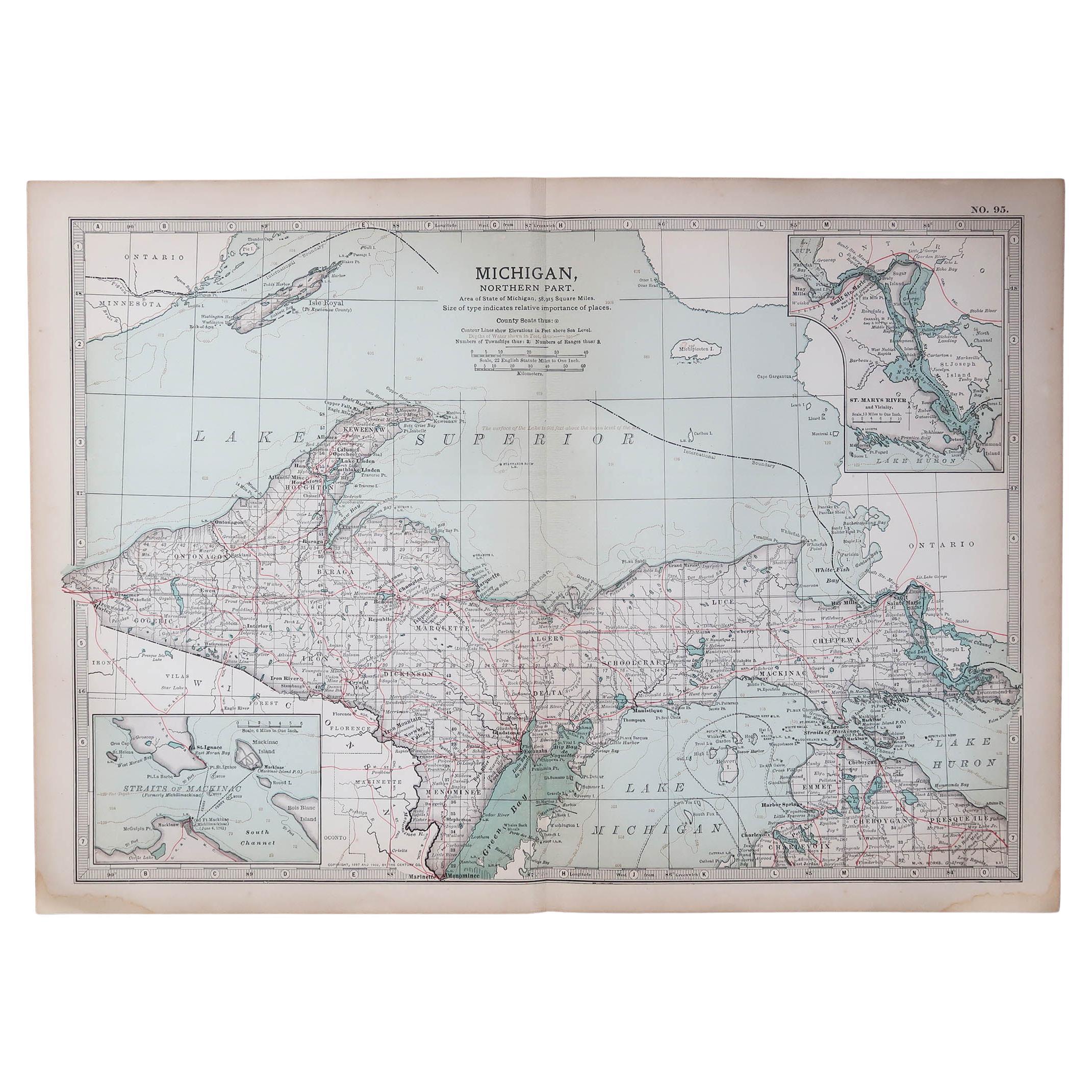 Original Antique Map of the American State of Michigan ( Northern Part ), 1903