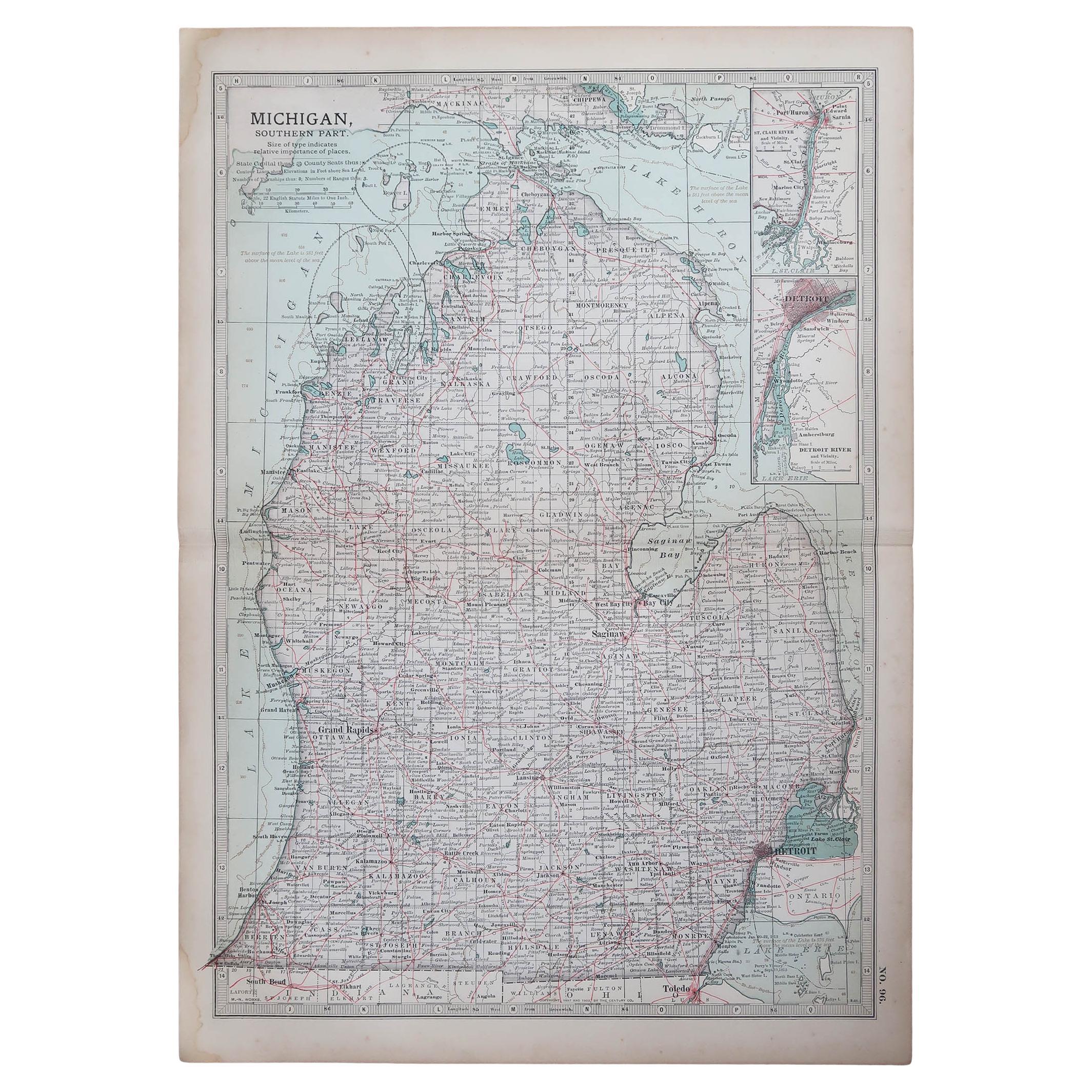 Original Antique Map of the American State of Michigan ( Southern Part ), 1903