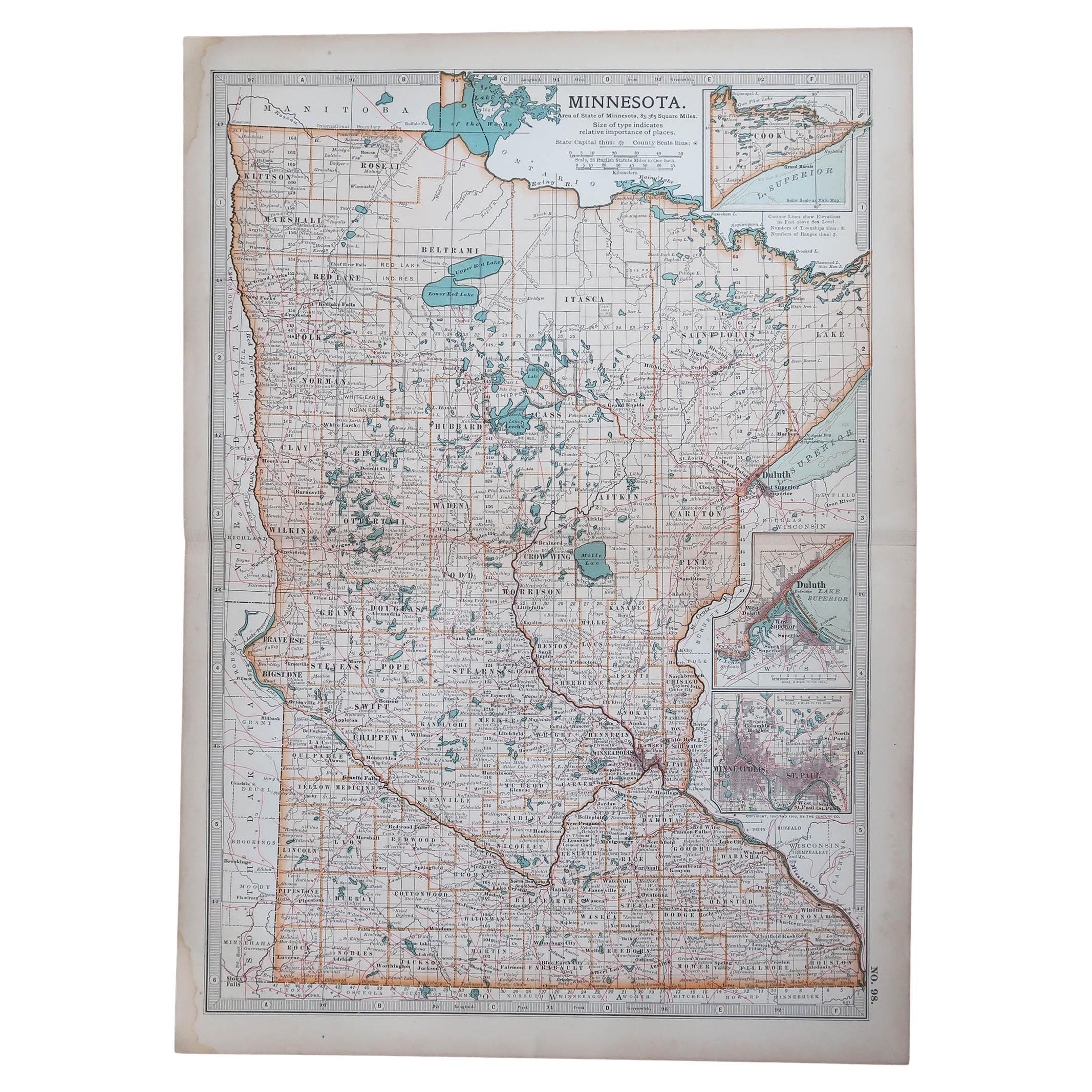 Mapa original antiguo del estado norteamericano de Minnesota, 1903