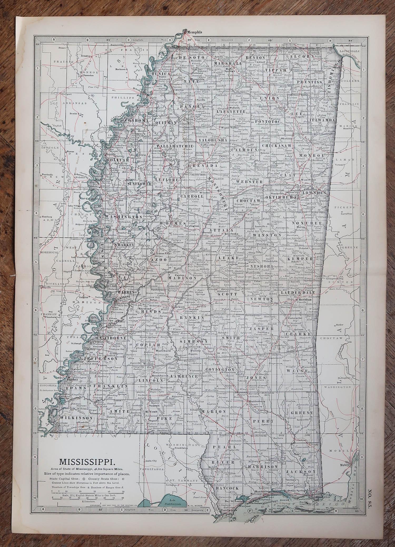 Anglais Carte ancienne de l'État américain du Mississippi, 1903 en vente