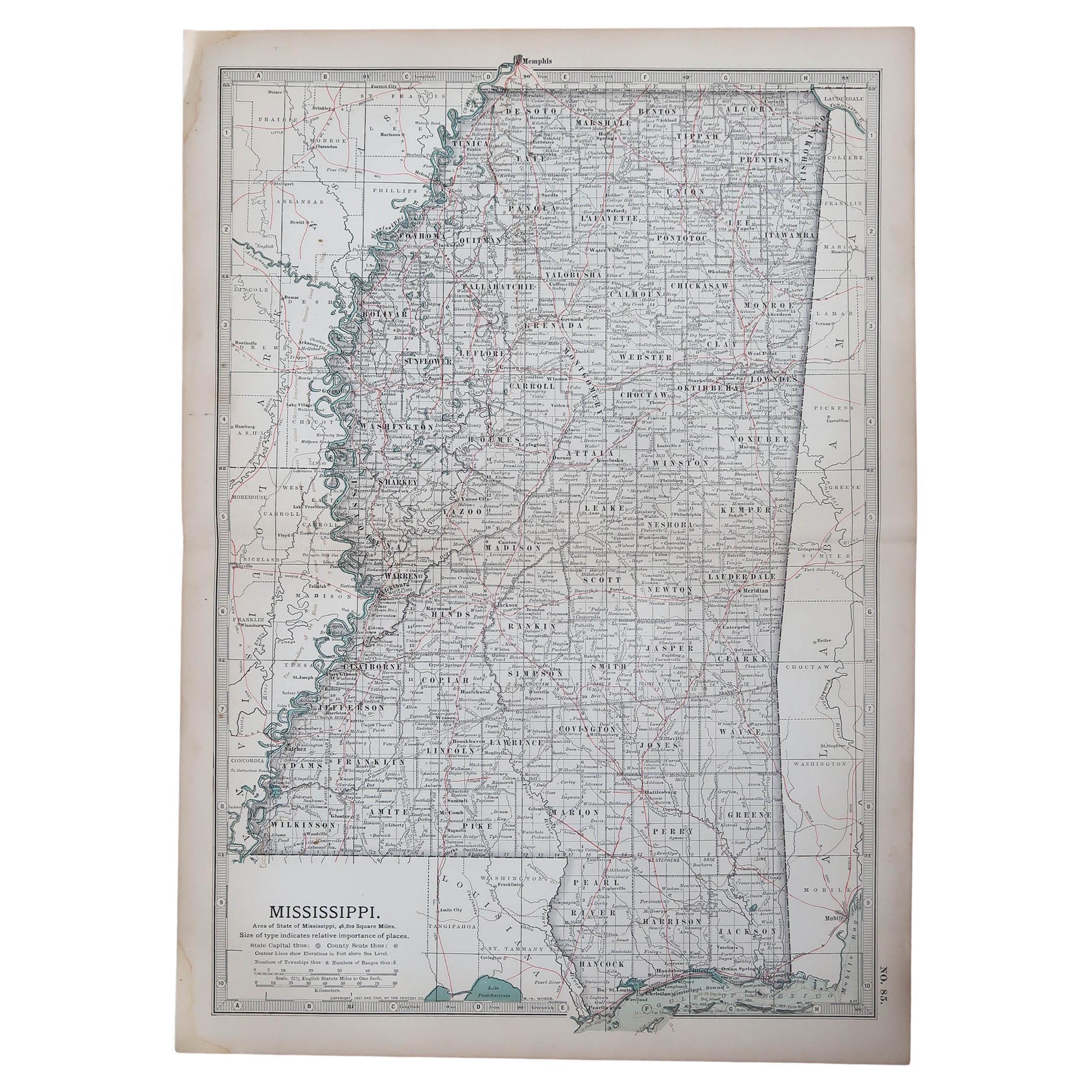 Original Antique Map of the American State of Mississippi, 1903