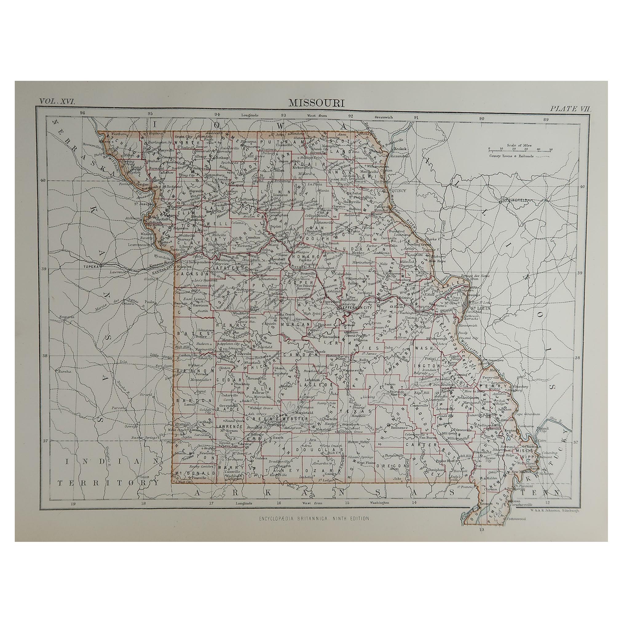 Original Antique Map of The American State of Missouri, 1889