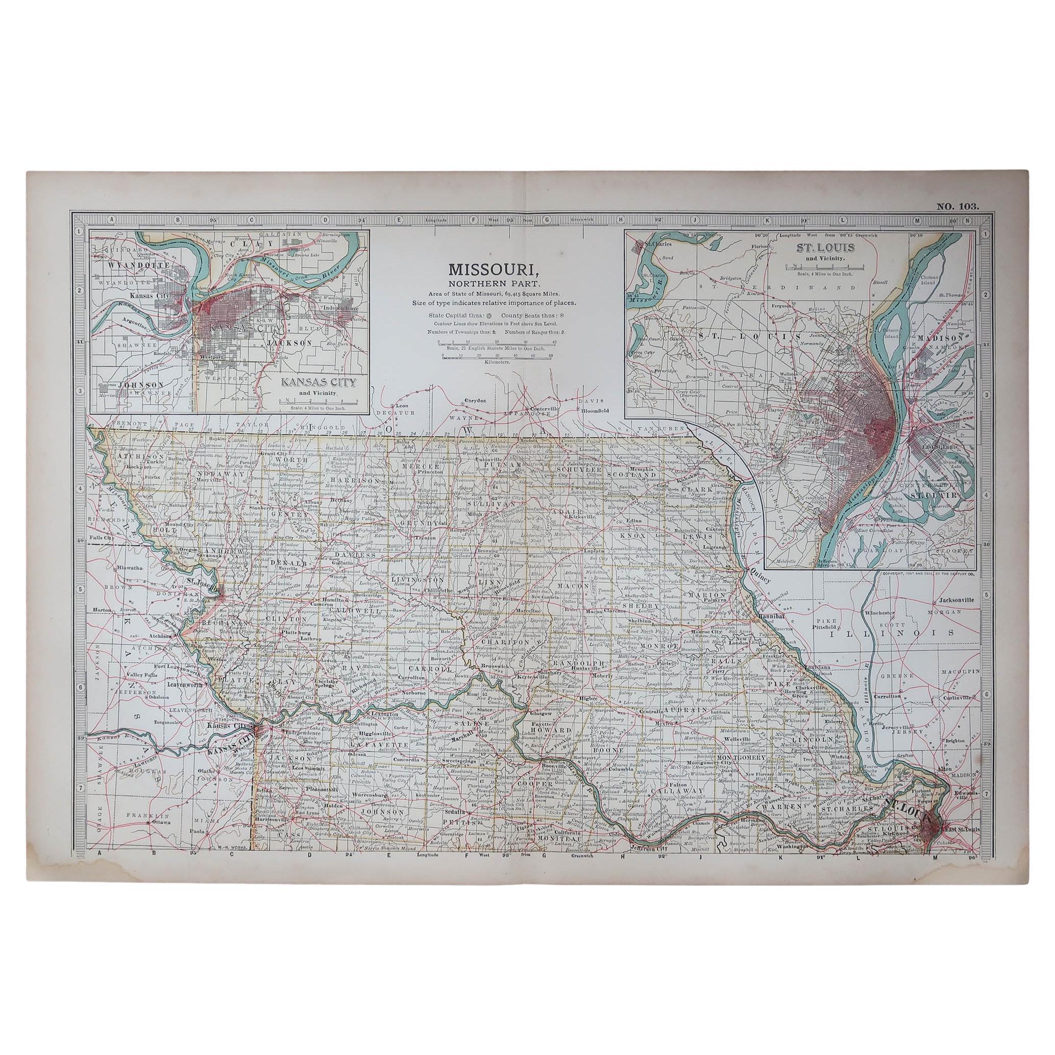 Original Antique Map of the American State of Missouri ( Northern part ), 1903