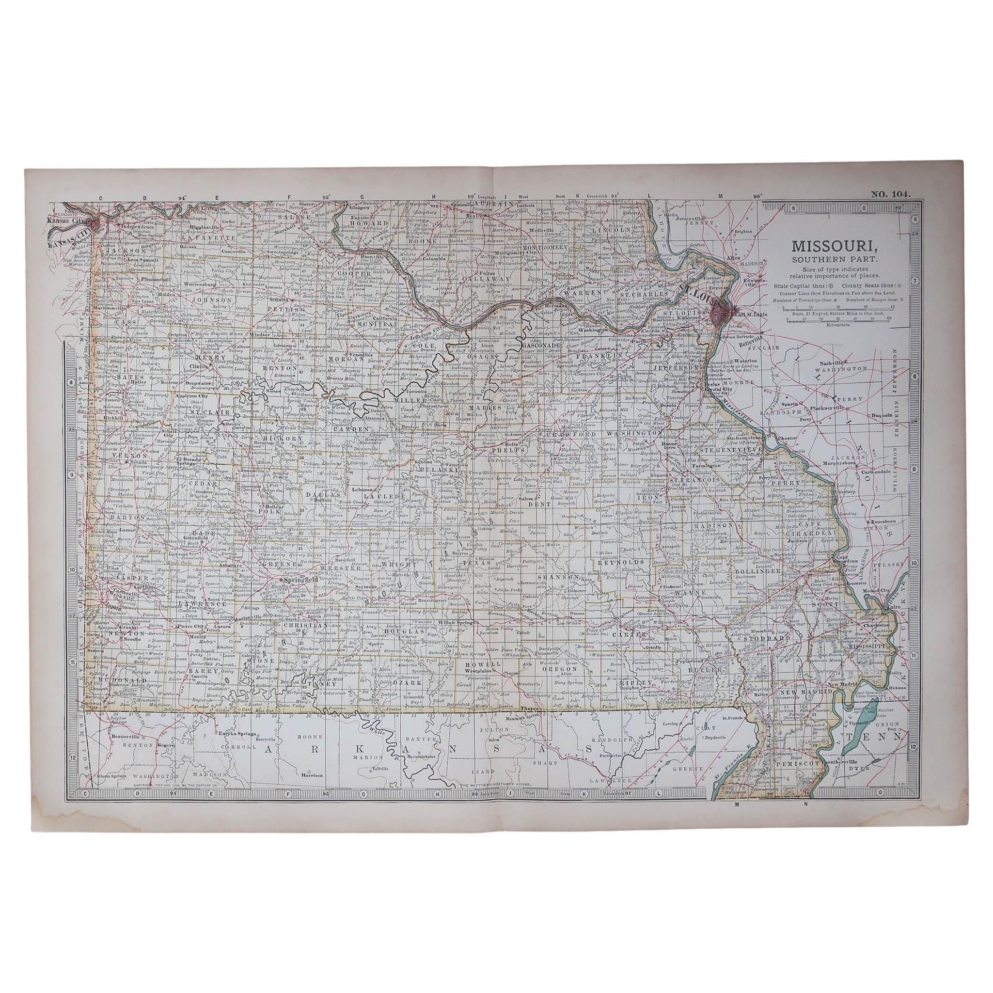 Original Antique Map of the American State of Missouri ( Southern part ), 1903