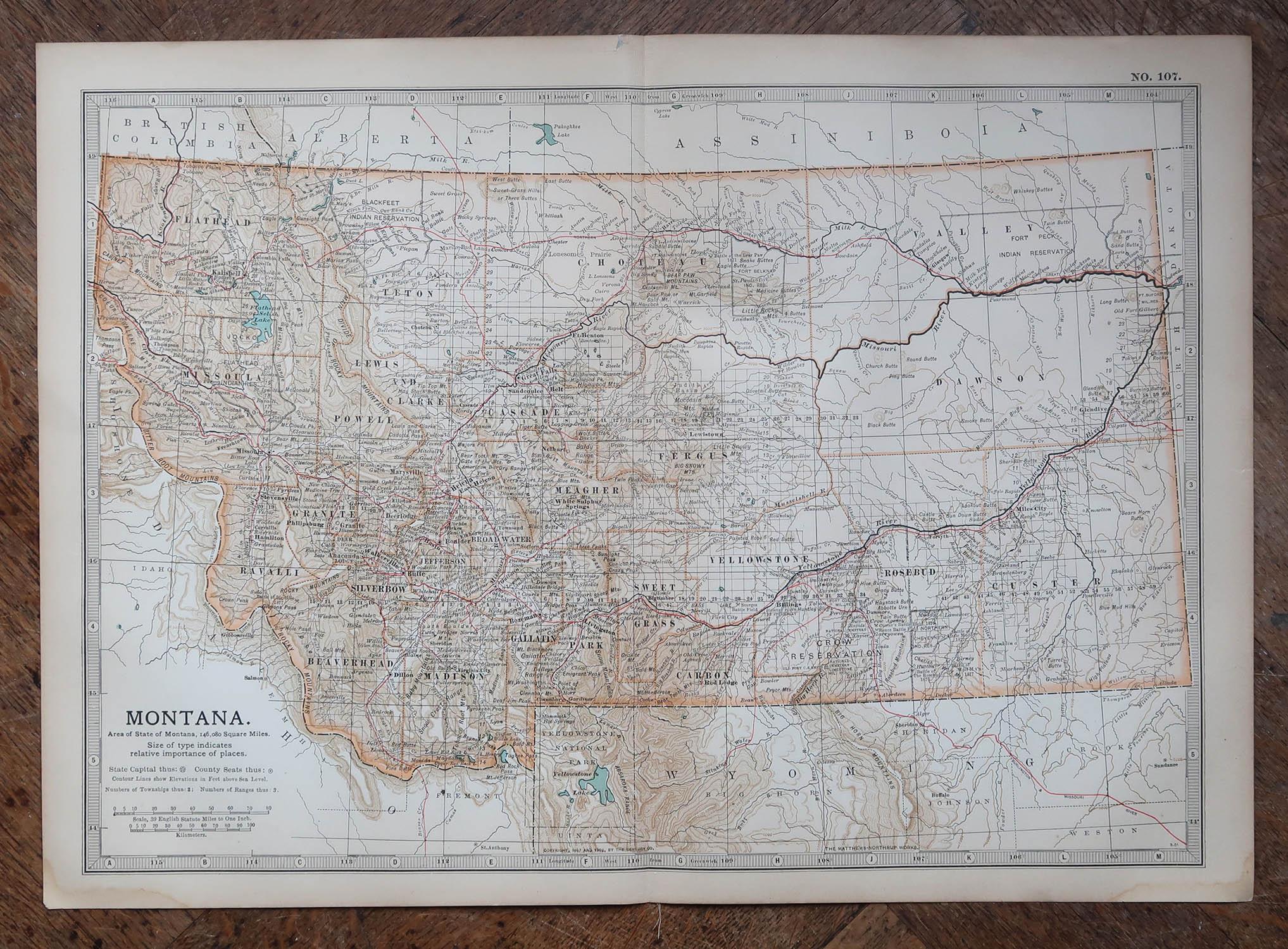Mapa Antiguo Original del Estado Americano de Montana, 1903 Inglés