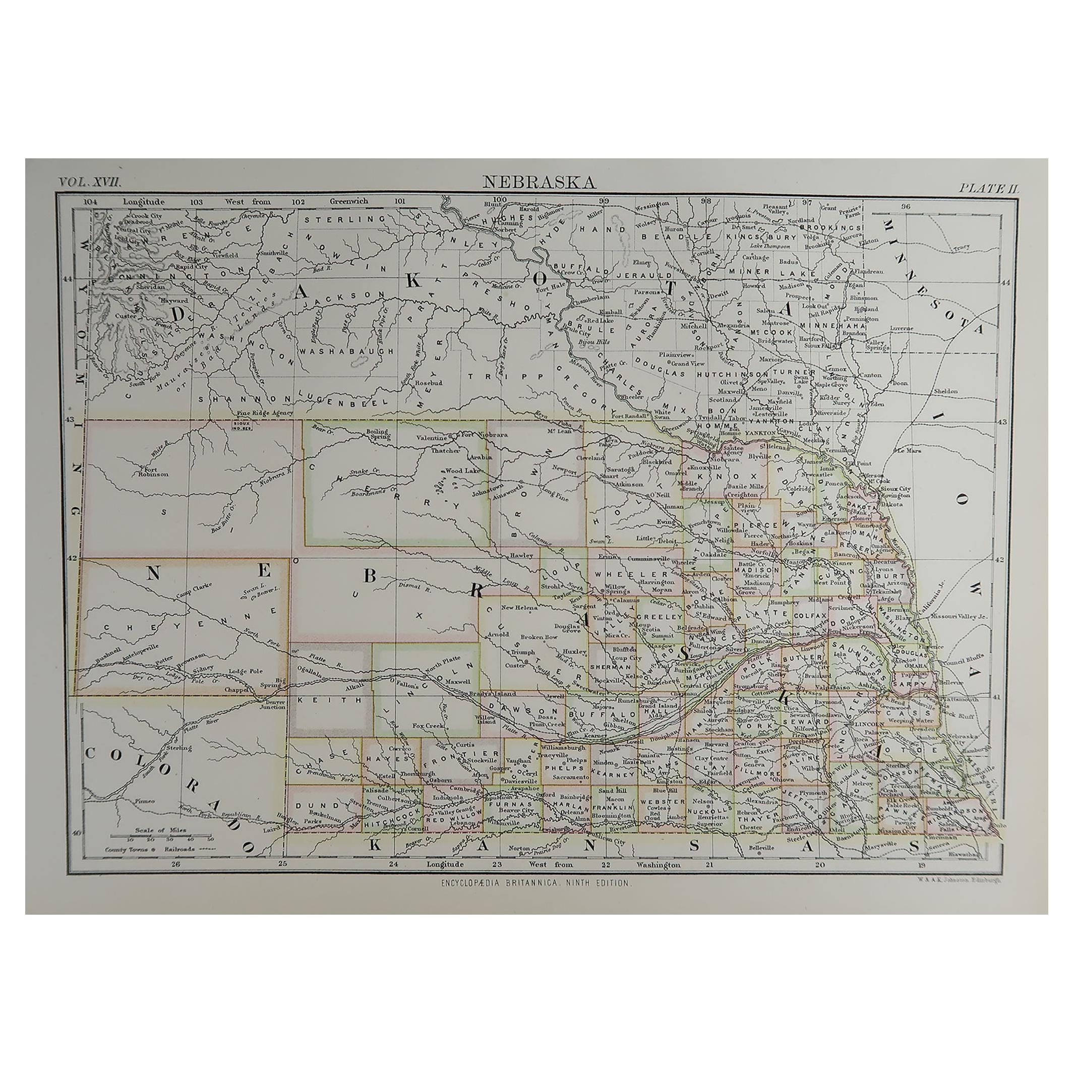 Original Antique Map of The American State of Nebraska, 1889