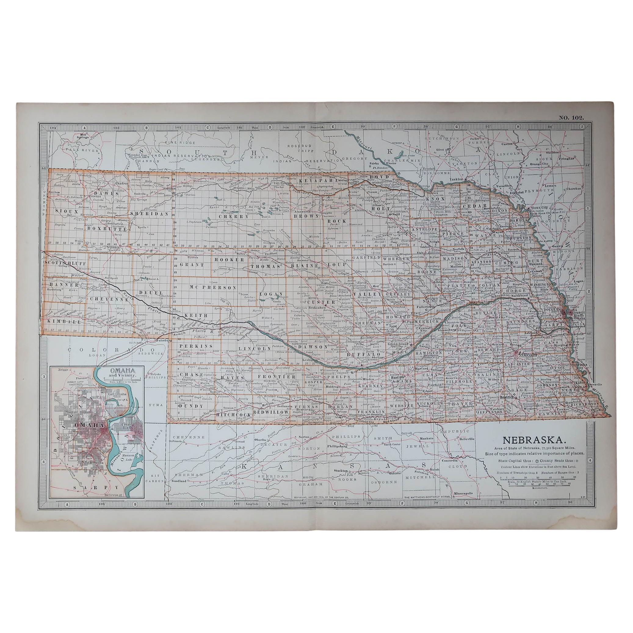 Mapa original antiguo del estado norteamericano de Nebraska, 1903
