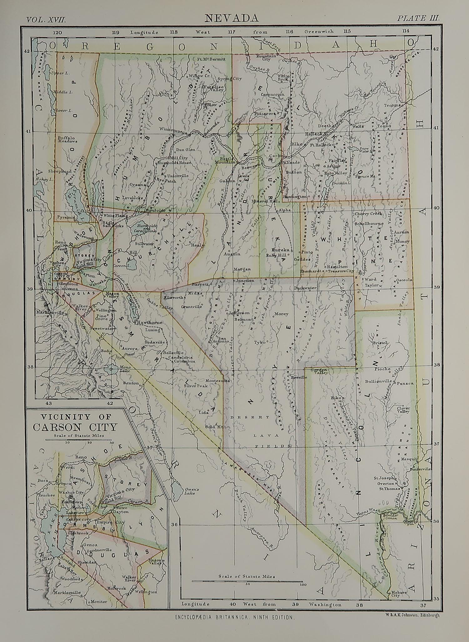 Great map of Nevada

Drawn and Engraved by W. & A.K. Johnston

Published By A & C Black, Edinburgh.

Original colour

Unframed.








