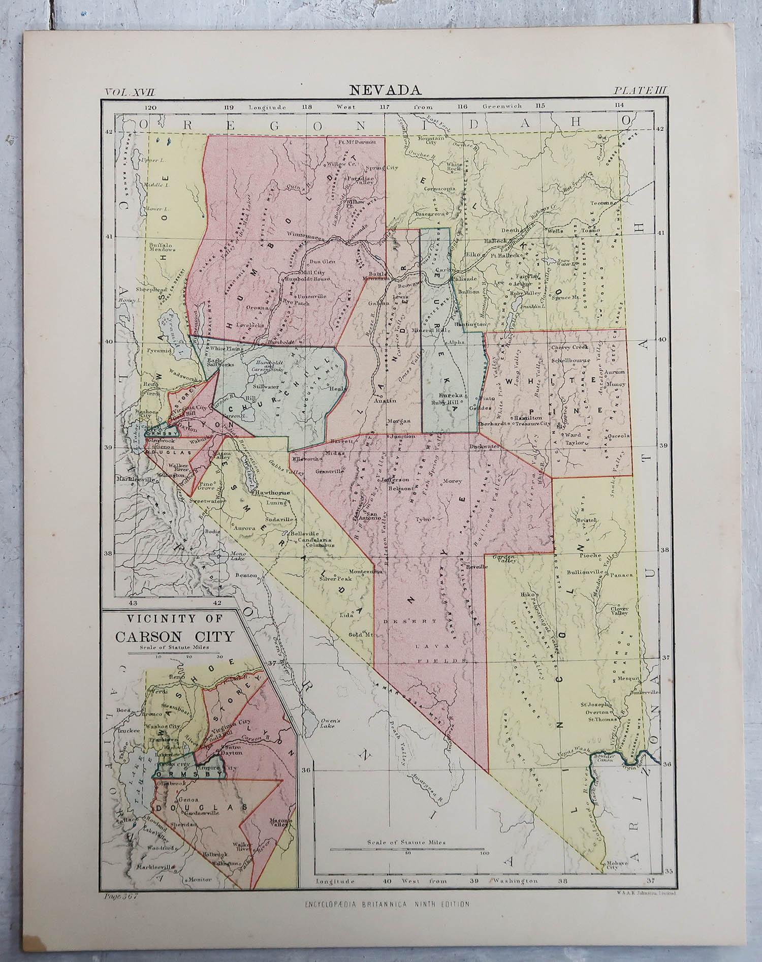Victorian Original Antique Map of the American State of Nevada, 1889 For Sale